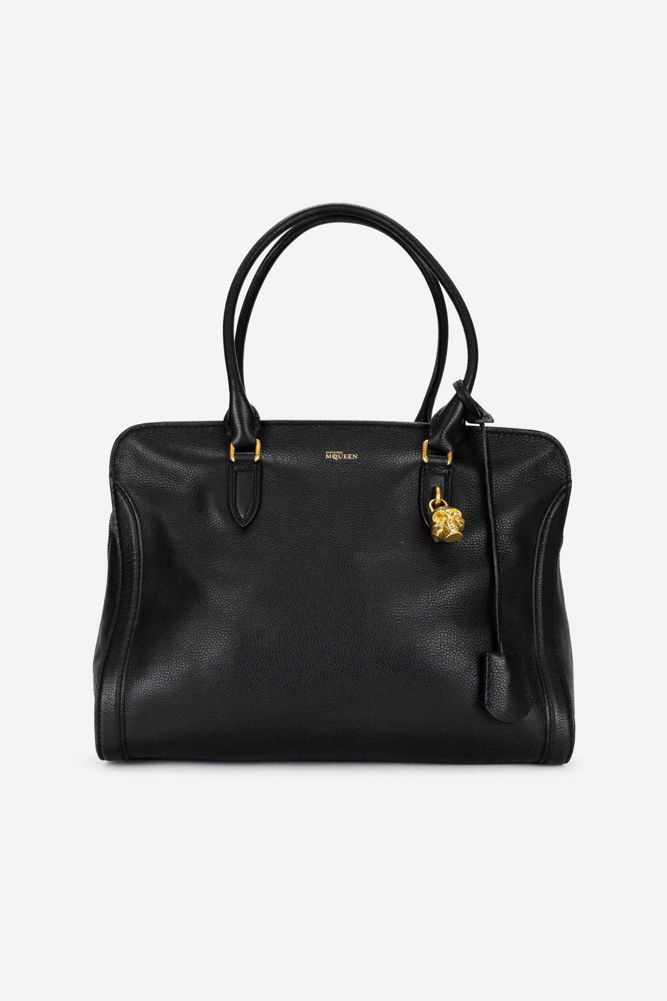 Black Grained Leather Padlock Tote  Length: 12" Width: 7" Height: 8.5"