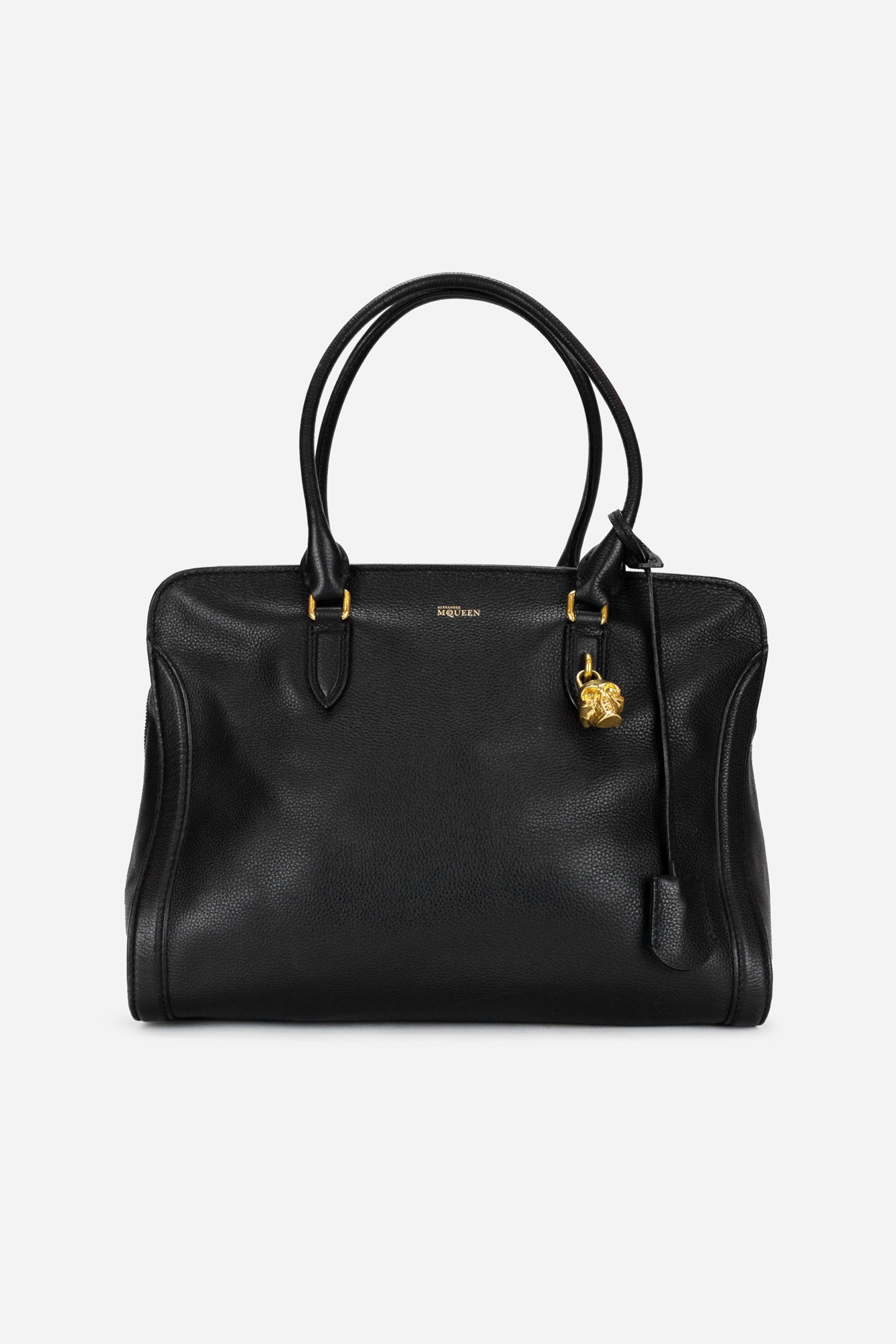 Black Grained Leather Padlock Tote Length: 12" Width: 7" Height: 8.5"