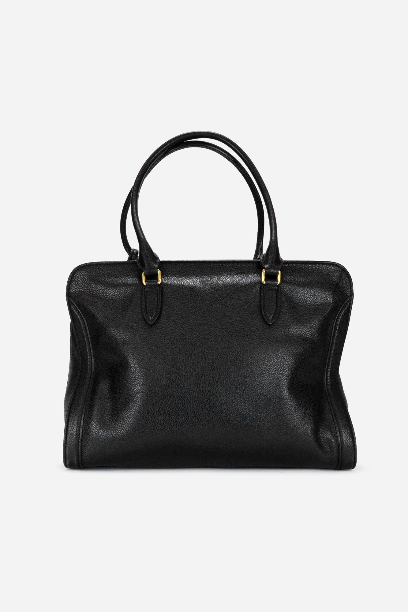 Black Grained Leather Padlock Tote Length: 12" Width: 7" Height: 8.5"