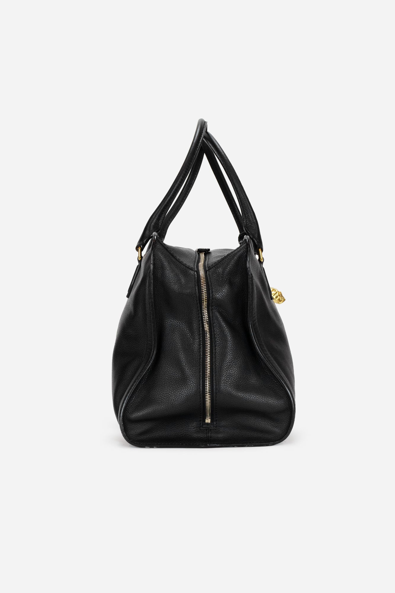 Black Grained Leather Padlock Tote Length: 12" Width: 7" Height: 8.5"