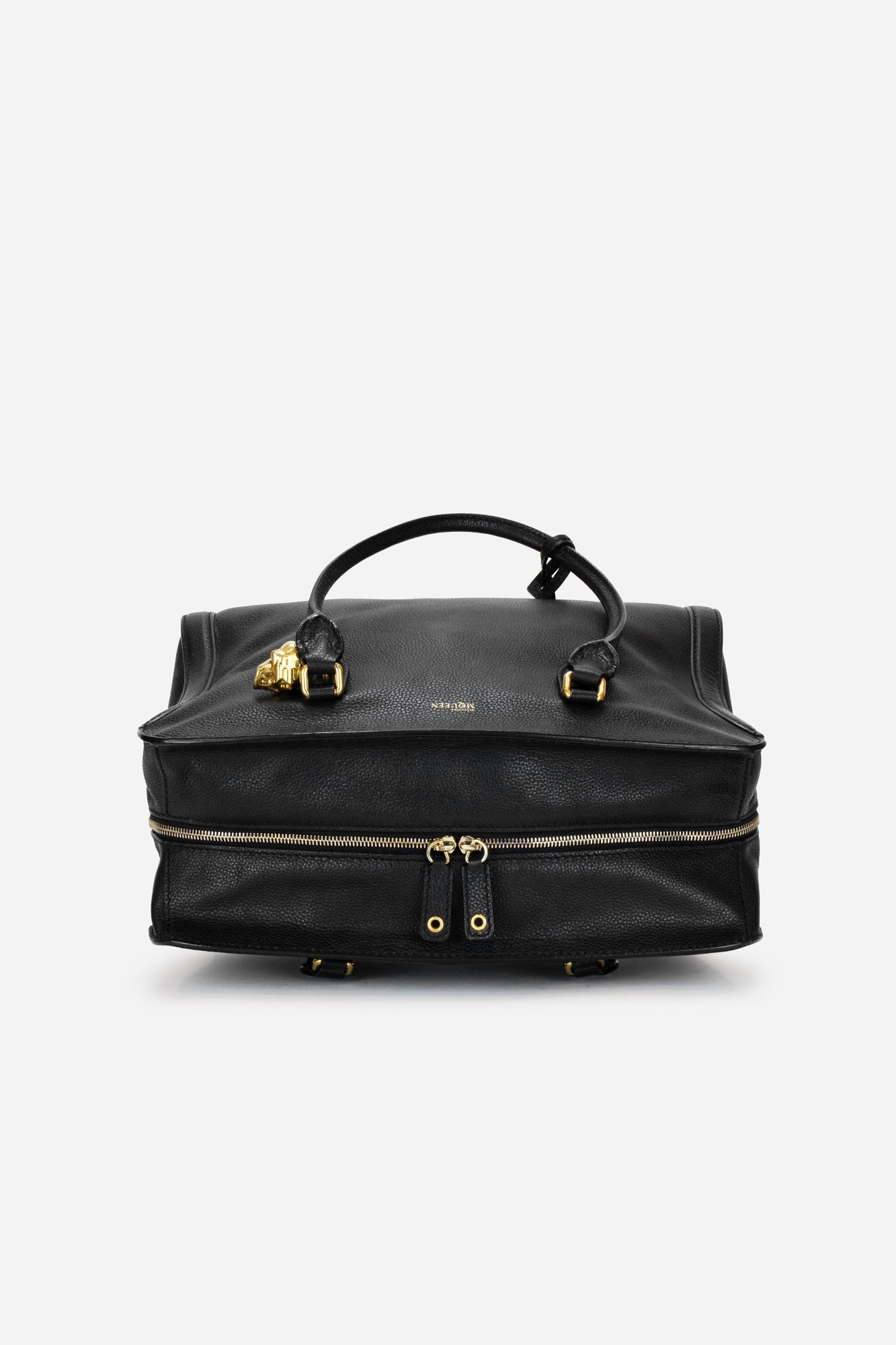 Black Grained Leather Padlock Tote Length: 12" Width: 7" Height: 8.5"