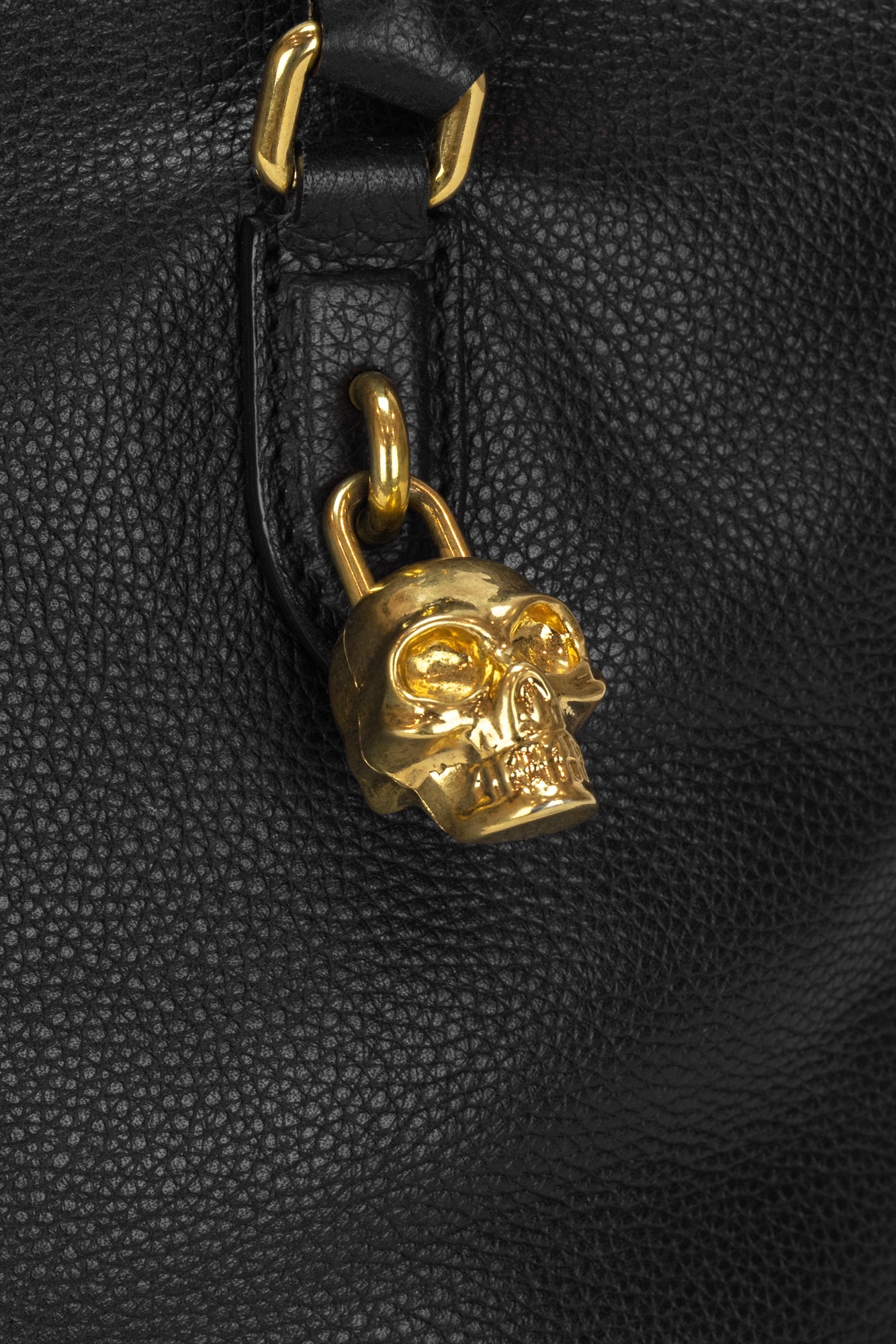 Black Grained Leather Padlock Tote Length: 12" Width: 7" Height: 8.5"