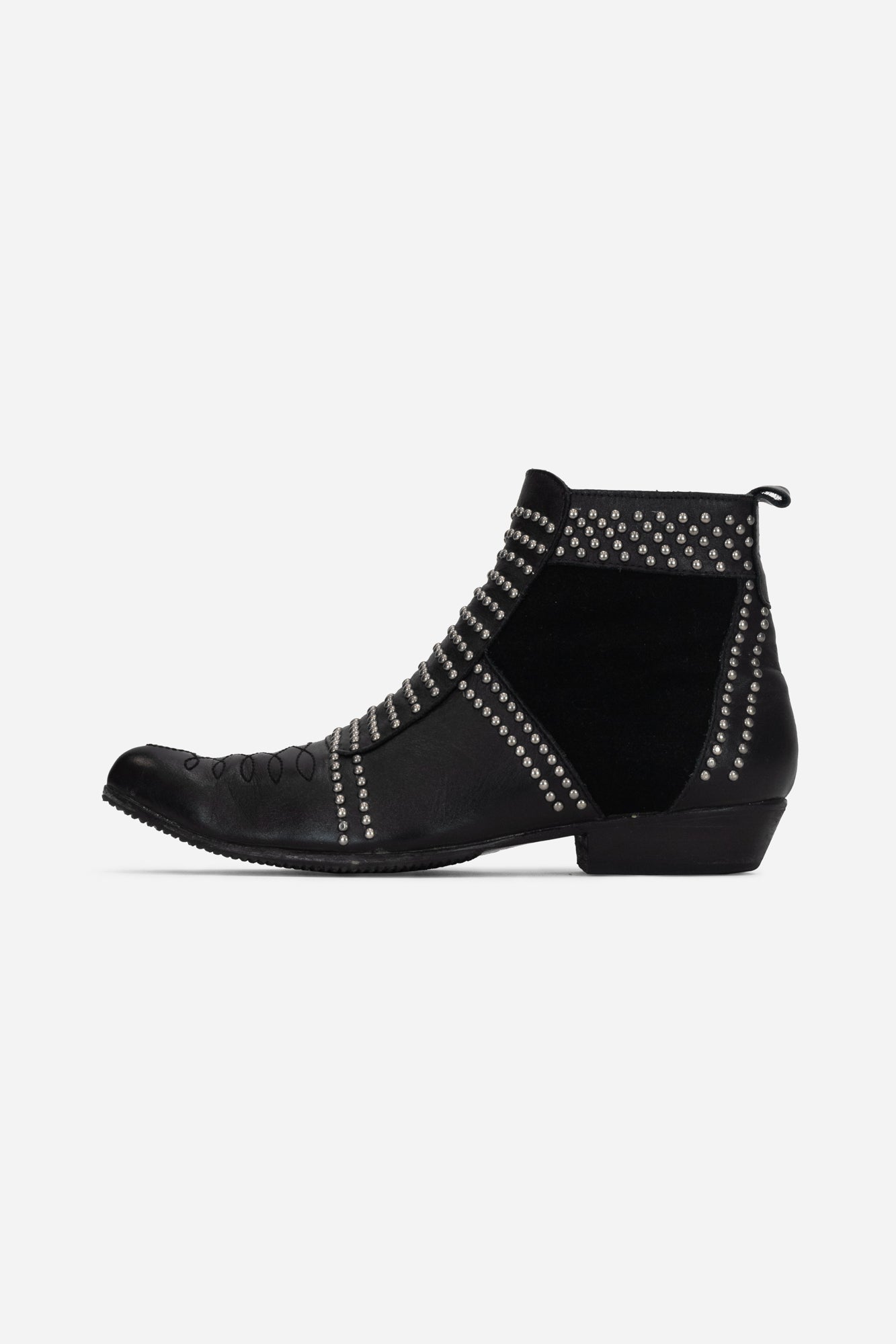 Black Leather Studded Pointed Toe Ankle Boots