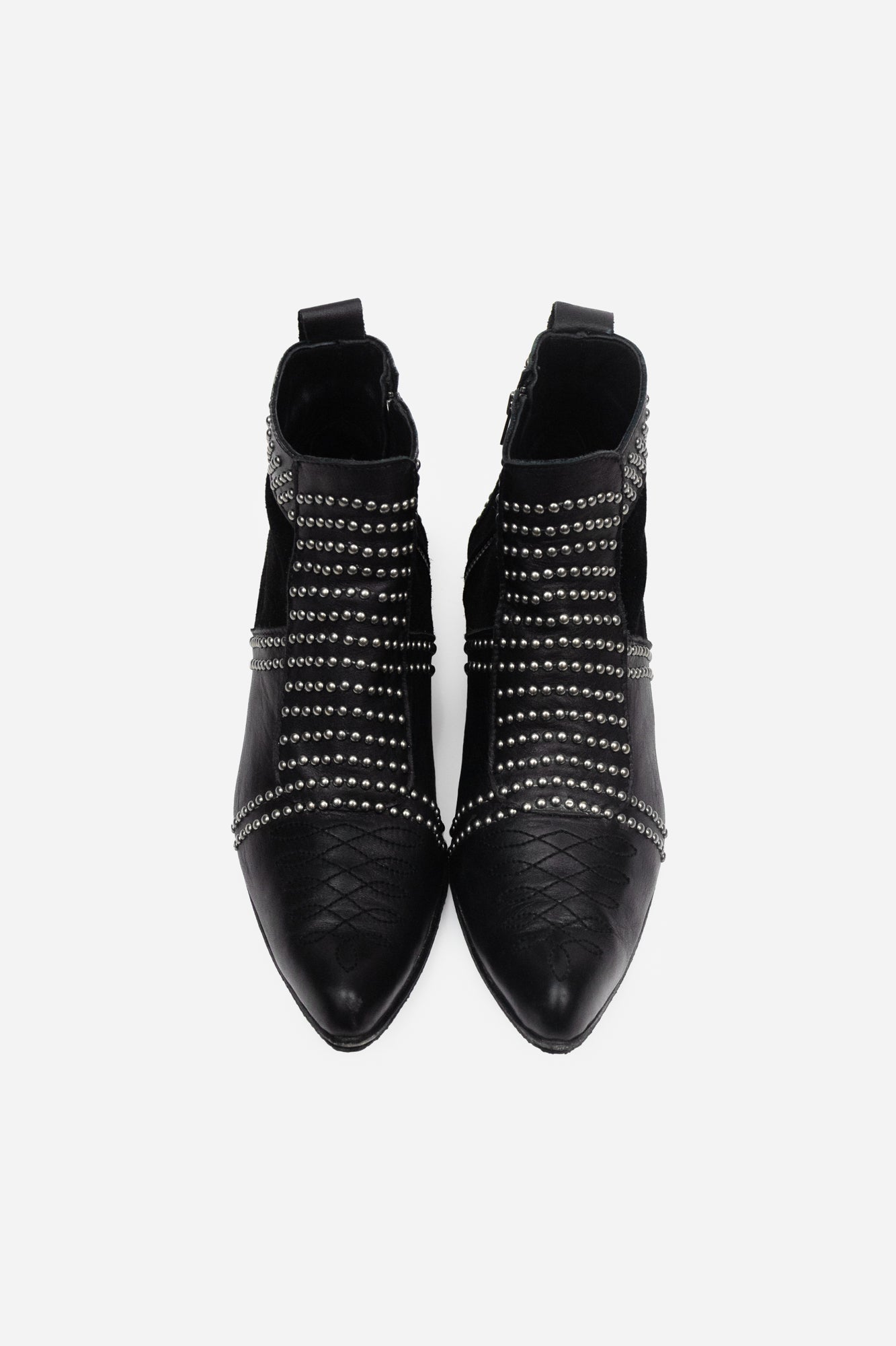 Black Leather Studded Pointed Toe Ankle Boots