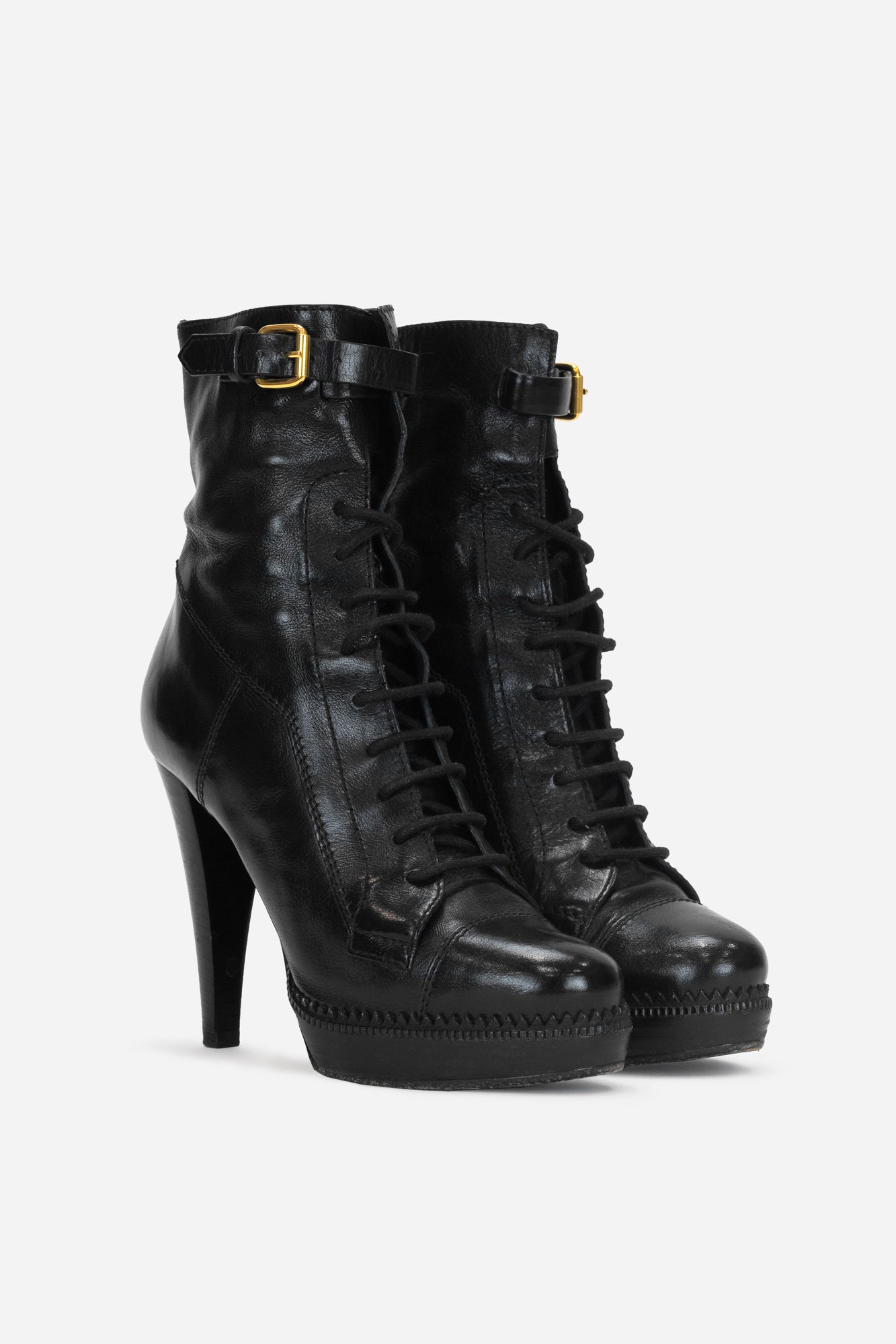Black Leather Heeled Boots with Burberry Heel Metal Detail