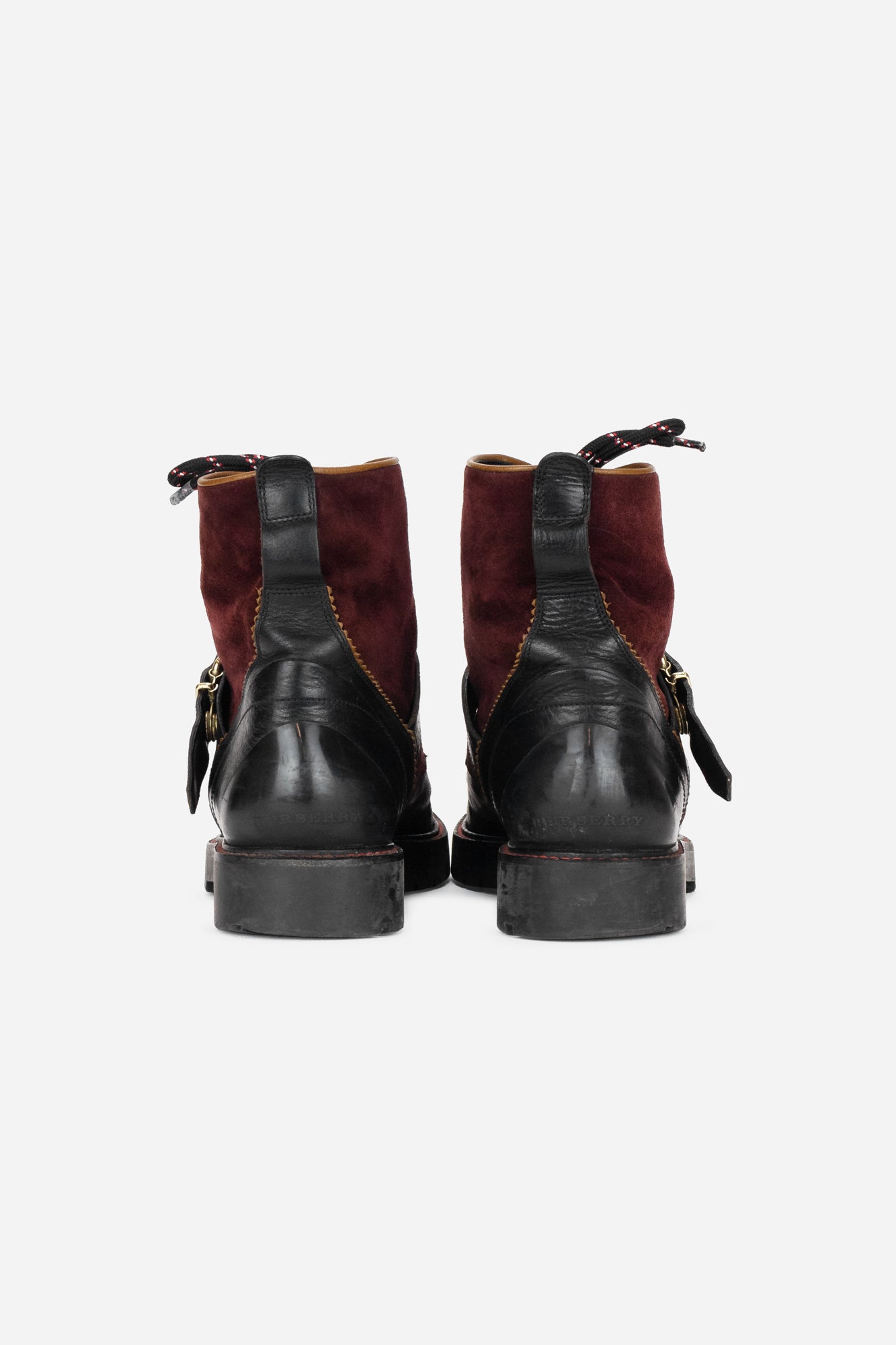 Burgundy Leather Color block Pattern Combat Boots suede/ leather