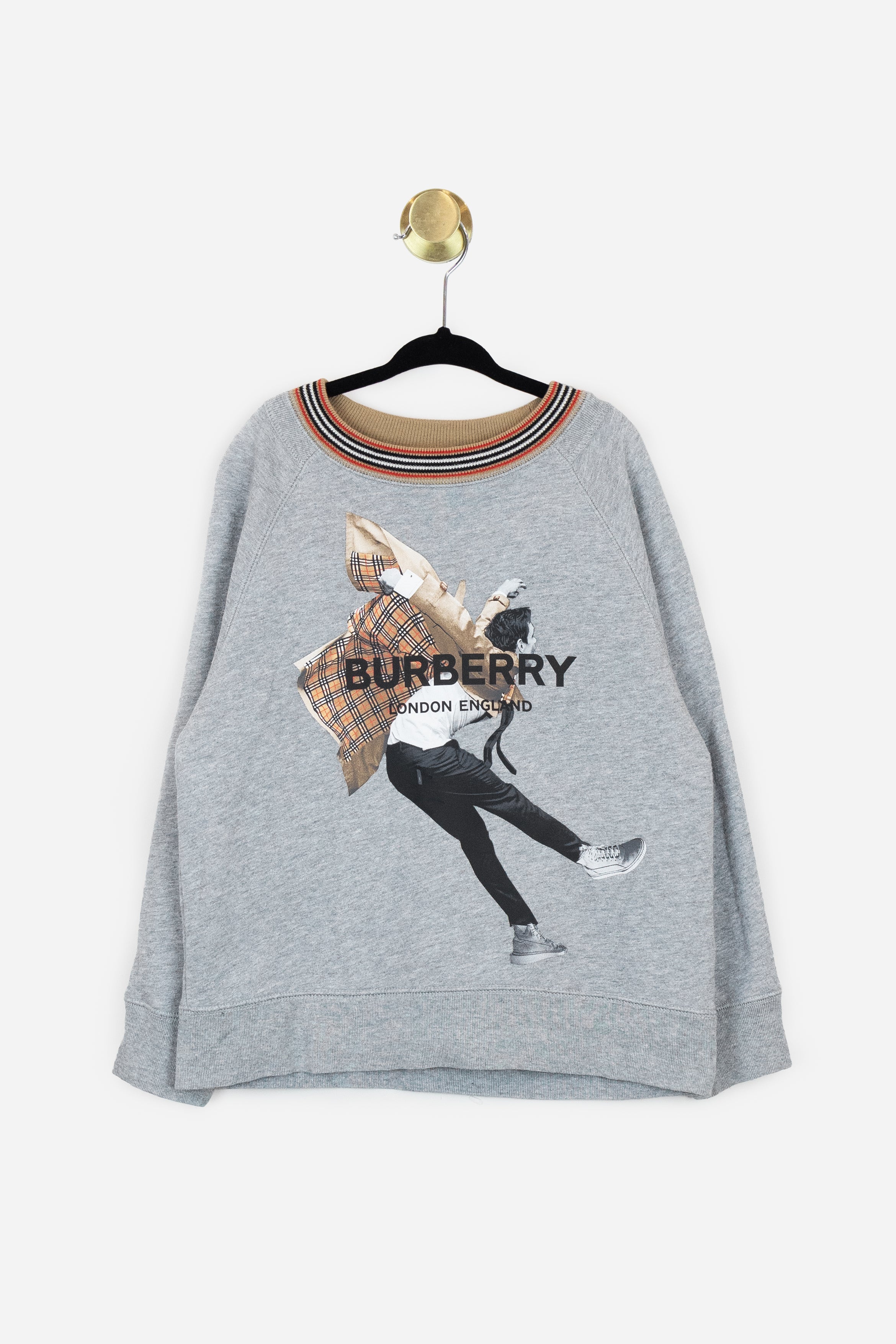 Grey Graphic Pullover with Knit Trim