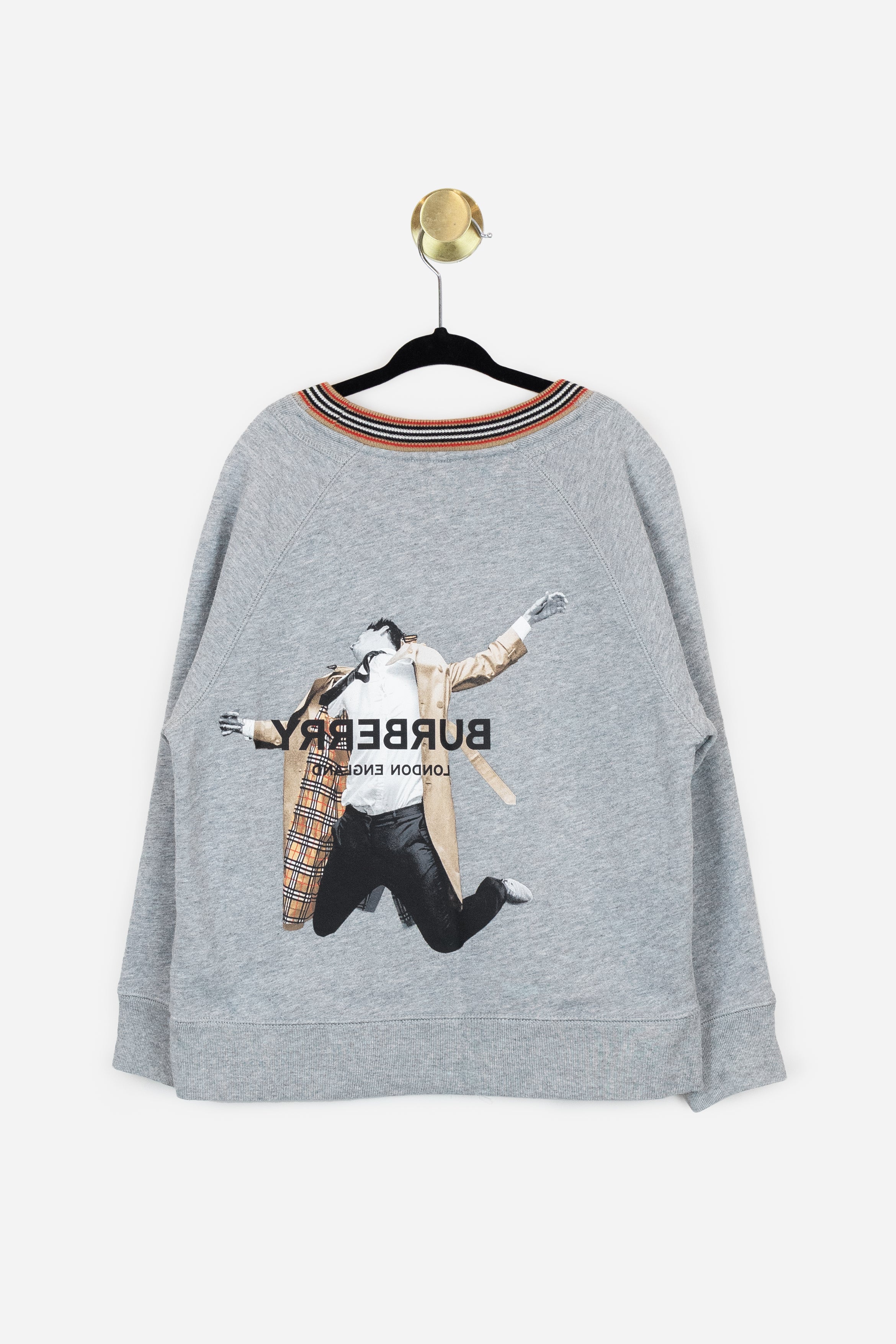 Grey Graphic Pullover with Knit Trim