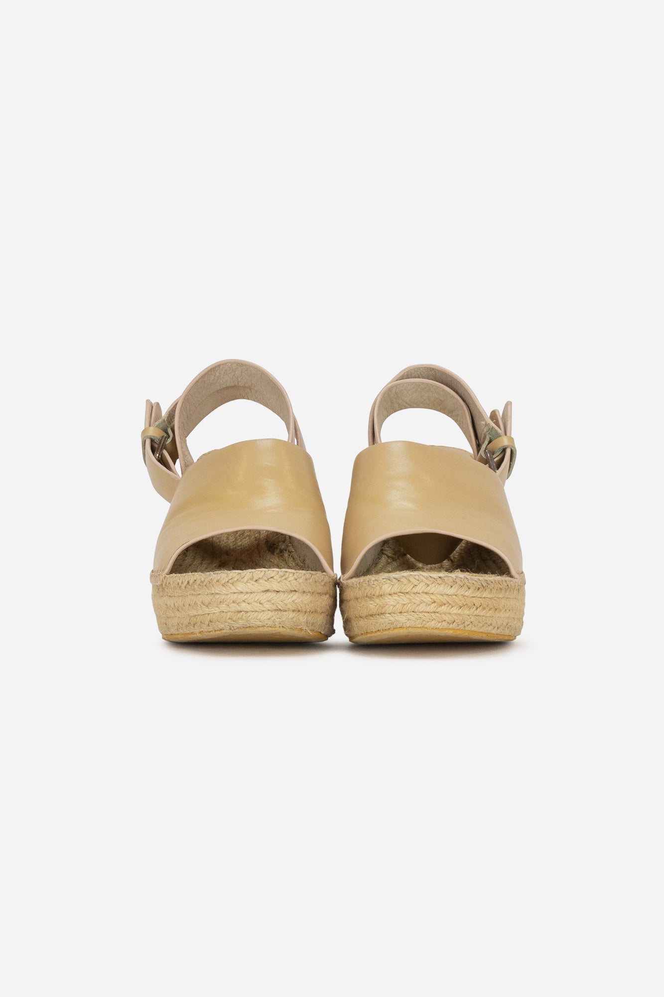 Beige Leather and Raffia Wedge Sandals