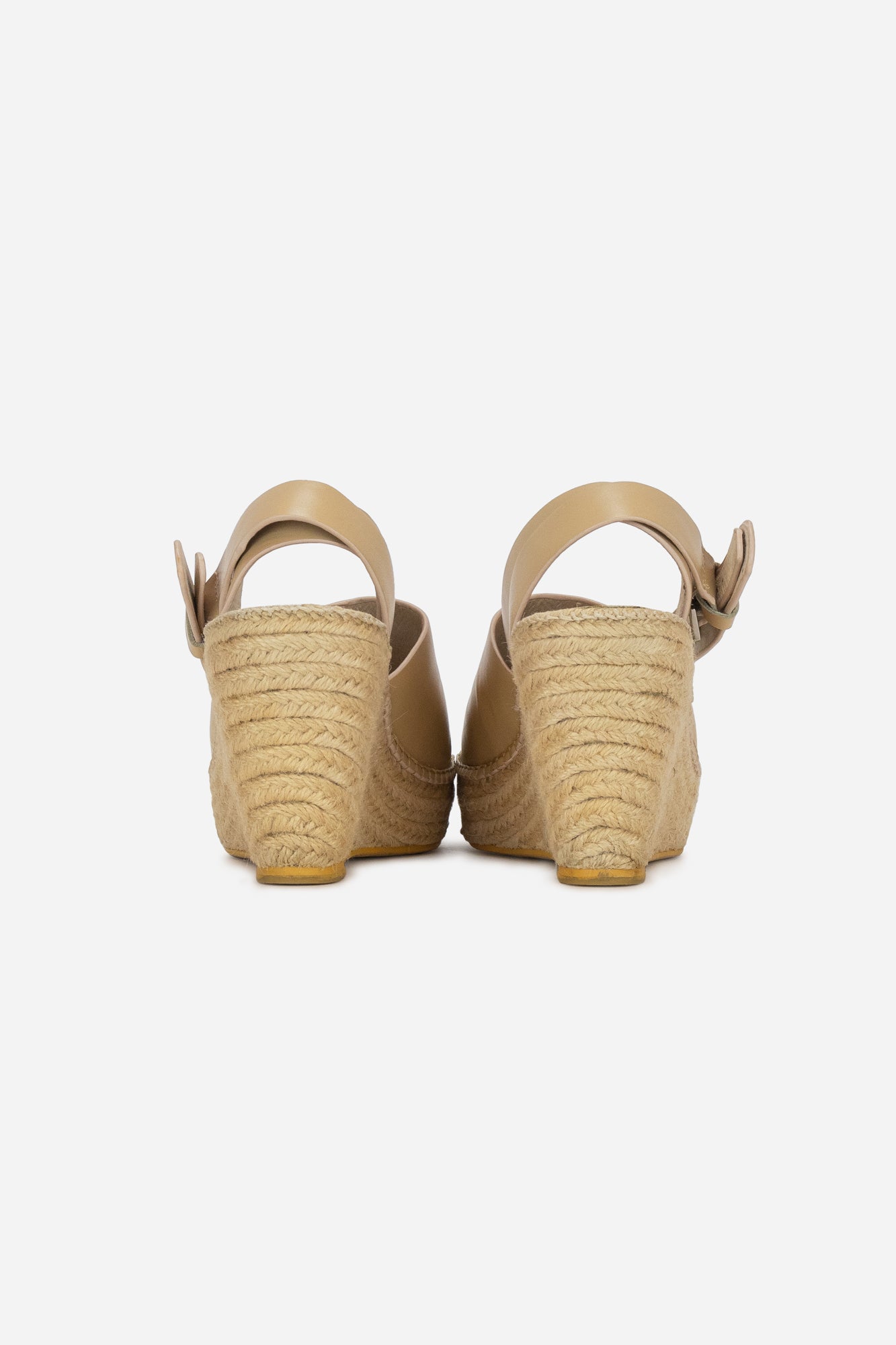 Beige Leather and Raffia Wedge Sandals