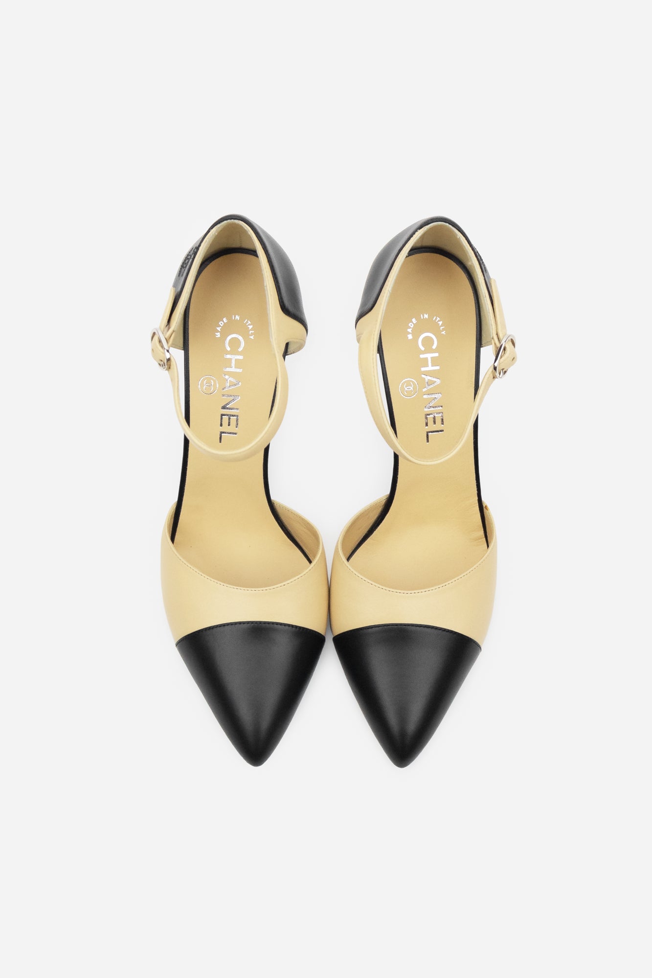 Beige Black Leather Pointed Toe Ankle Strap Sandals