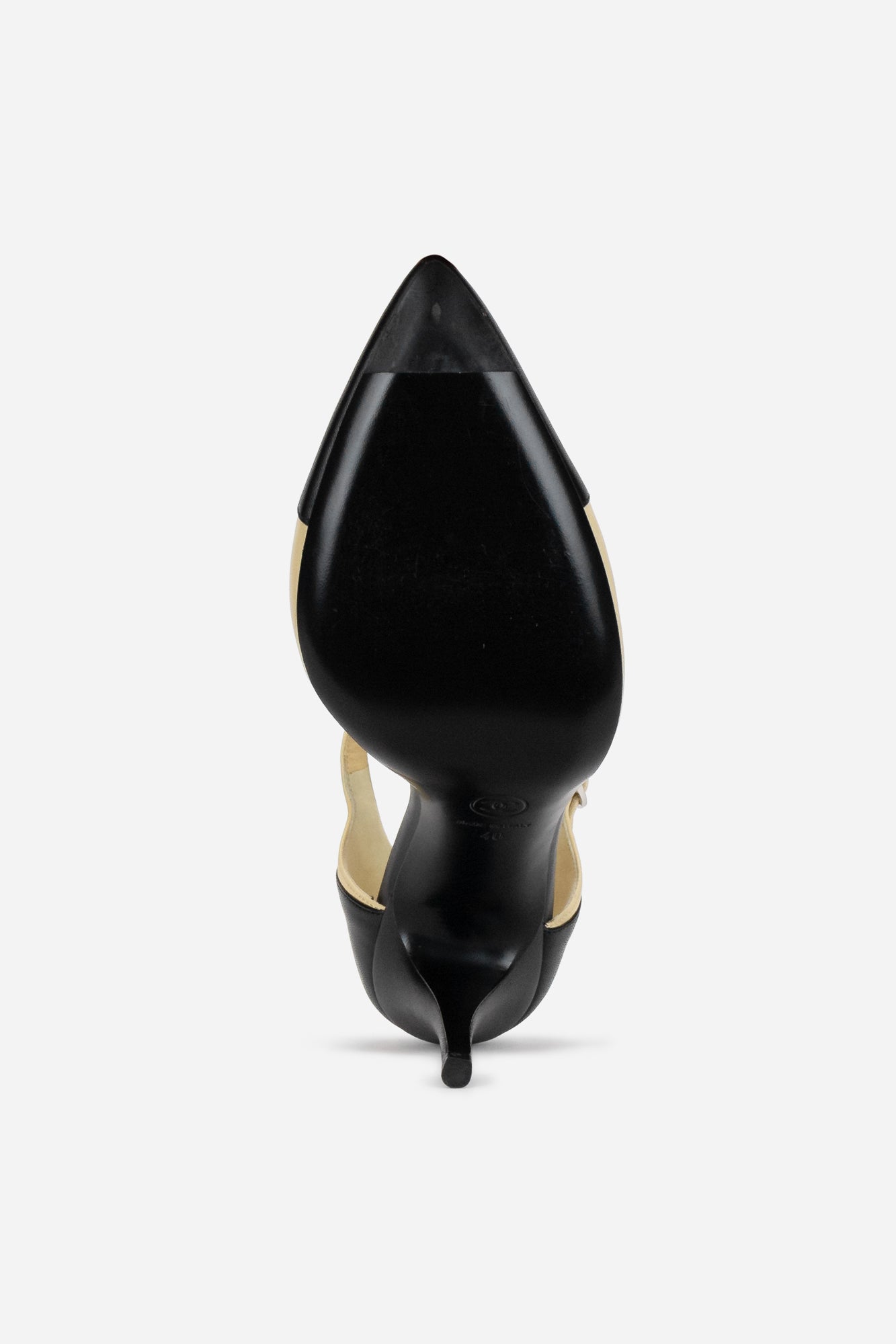 Beige Black Leather Pointed Toe Ankle Strap Sandals