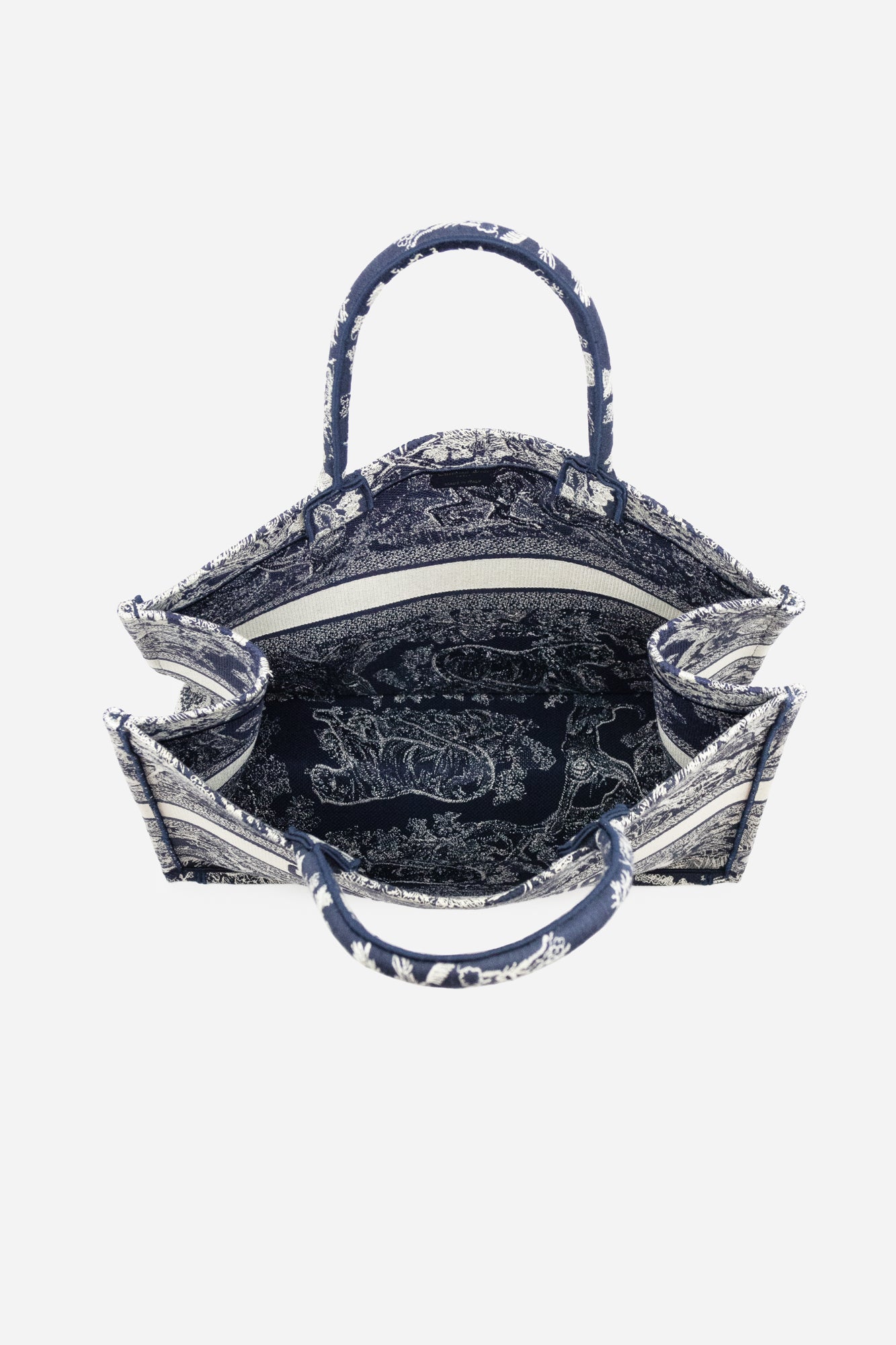 Ecru and Blue Toile de Jouy Embroided Large Book Tote