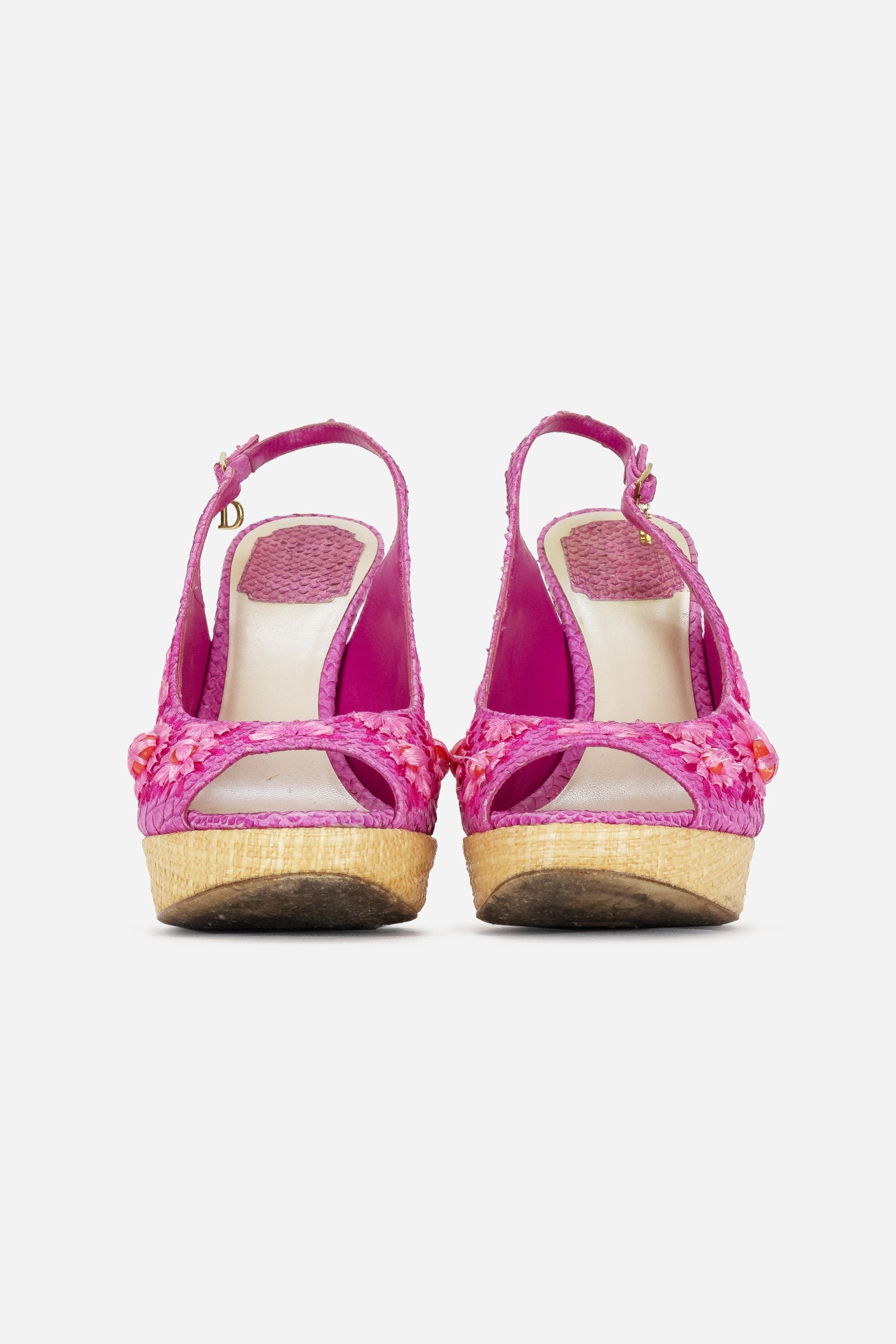 Pink Python Embossed Leather and Raffia Embellished Platform Sandals