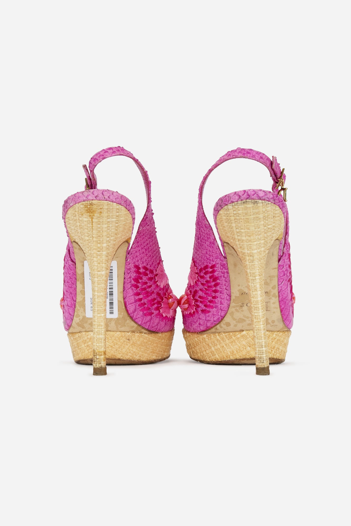 Pink Python Embossed Leather and Raffia Embellished Platform Sandals