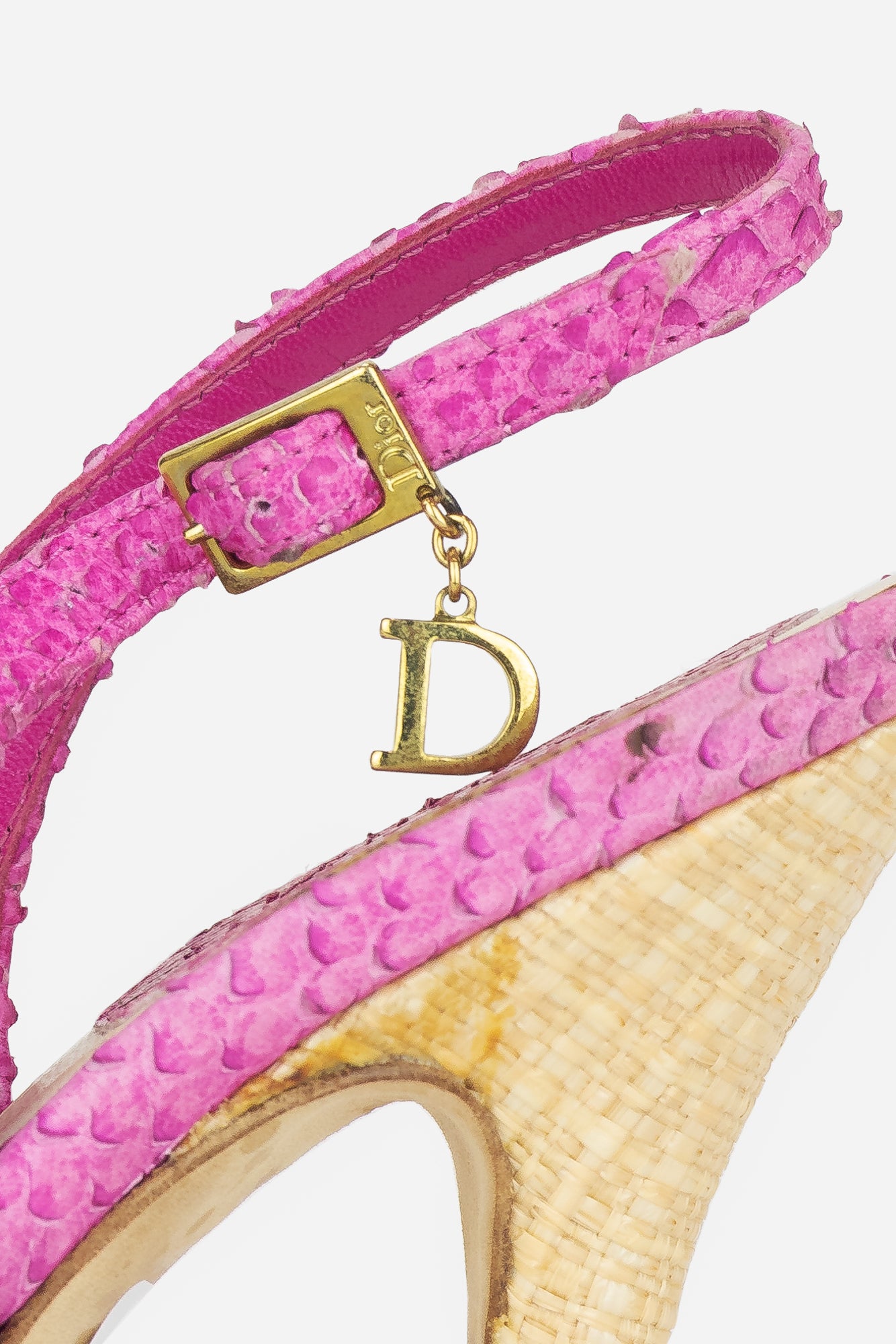 Pink Python Embossed Leather and Raffia Embellished Platform Sandals