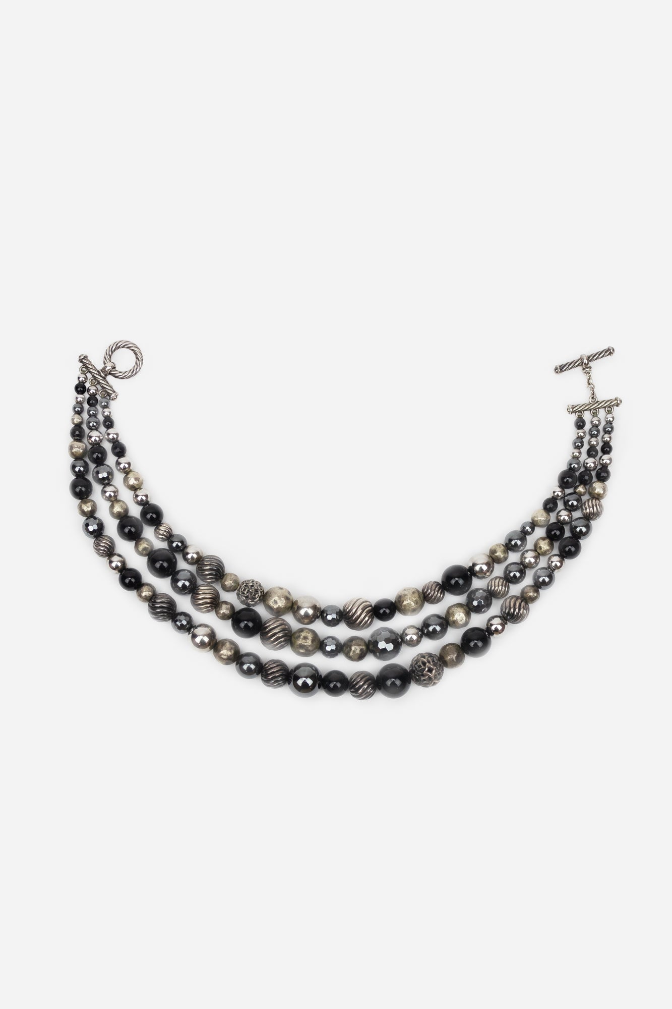 Silver, Onyx and Hematite Three Row Multi Strand Elements Toggle Necklace