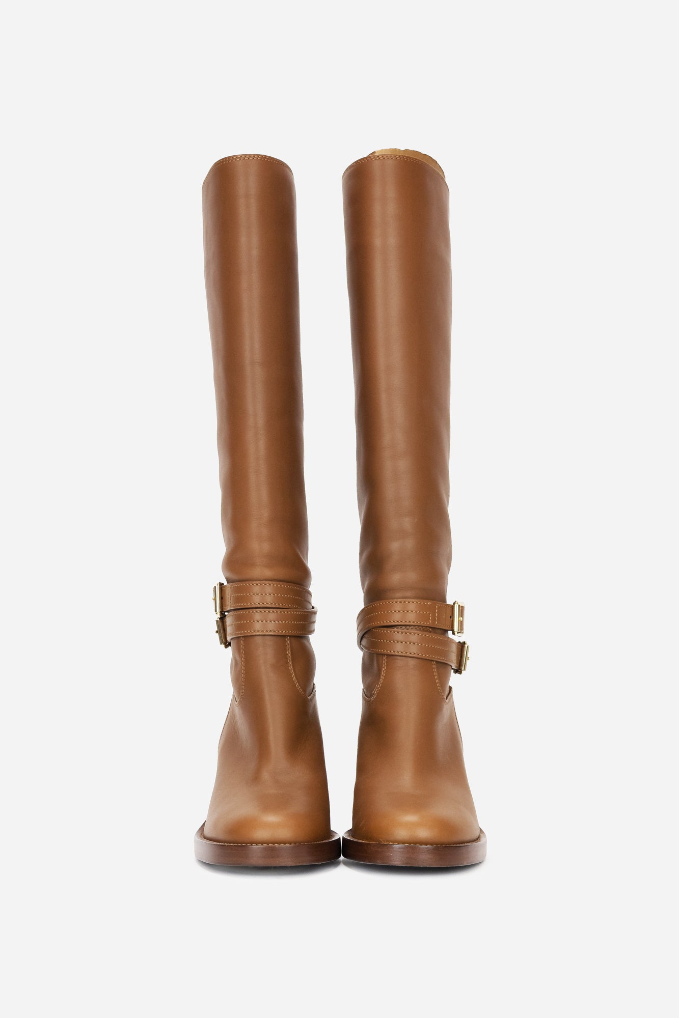 Brown Leather Riding Boots with Buckle Details