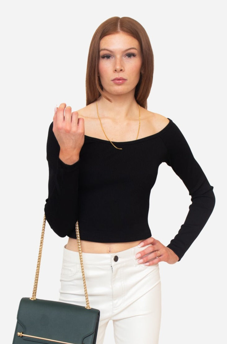 Black Ribbed Long Sleeve With Gold Chain Accessory