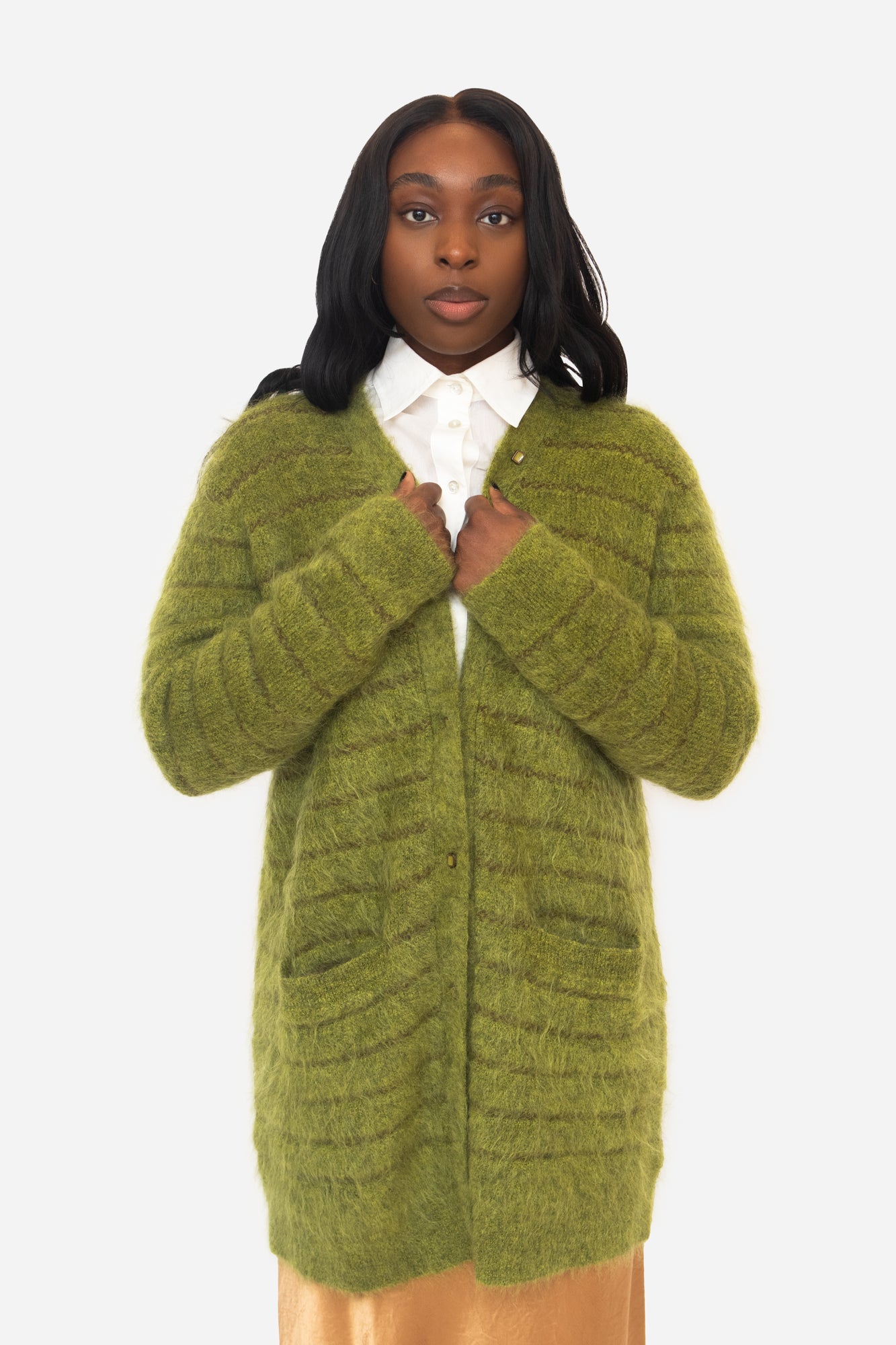 Green And Brown Striped Furry Cardigan