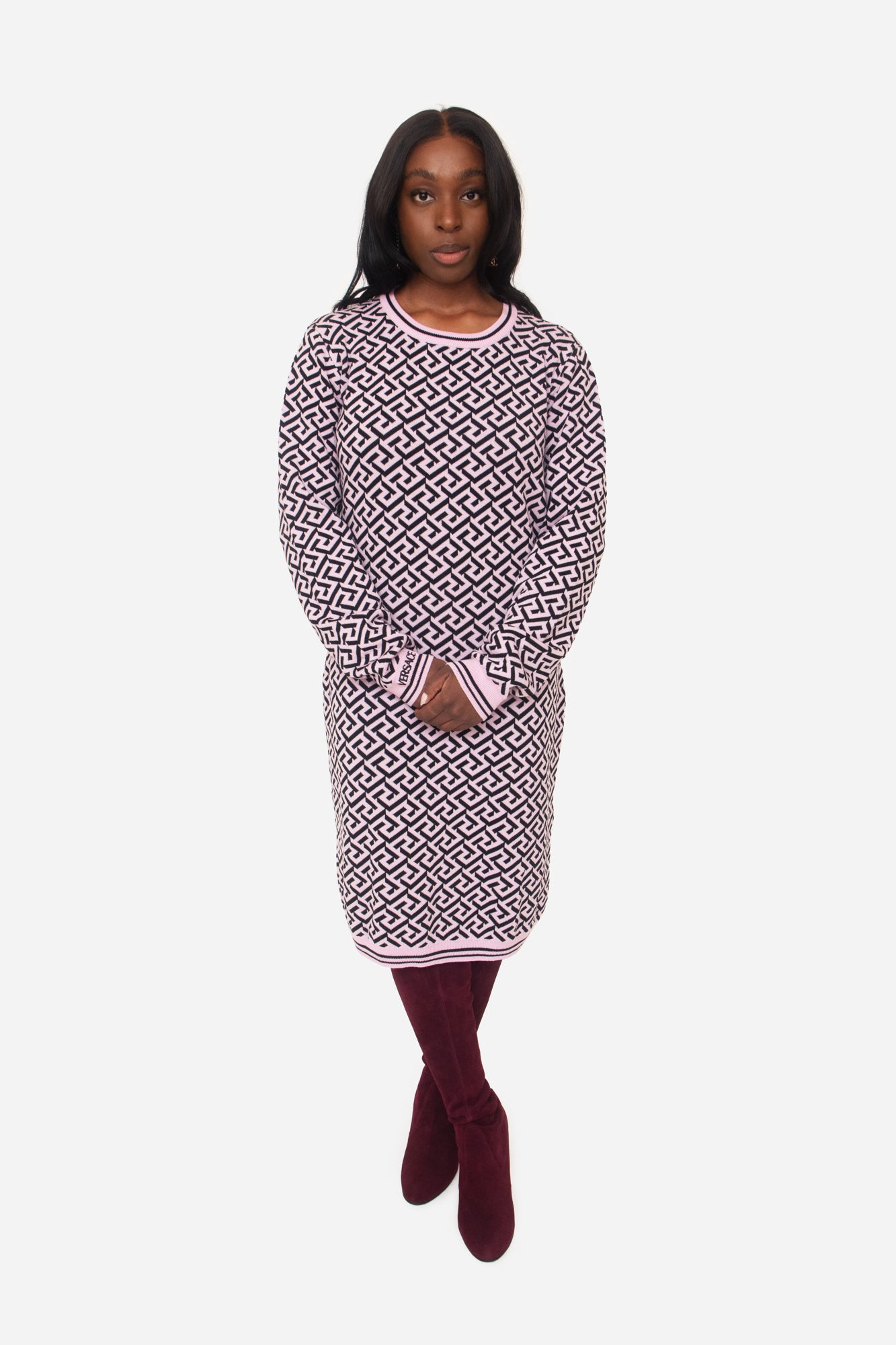 La Greca Black and Pink Printed Sweater Dress