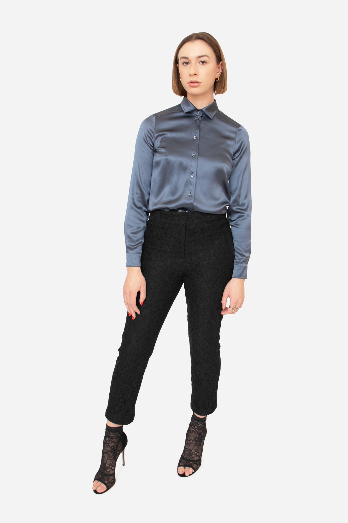 Dusty Blue Silk Button Down Blouse