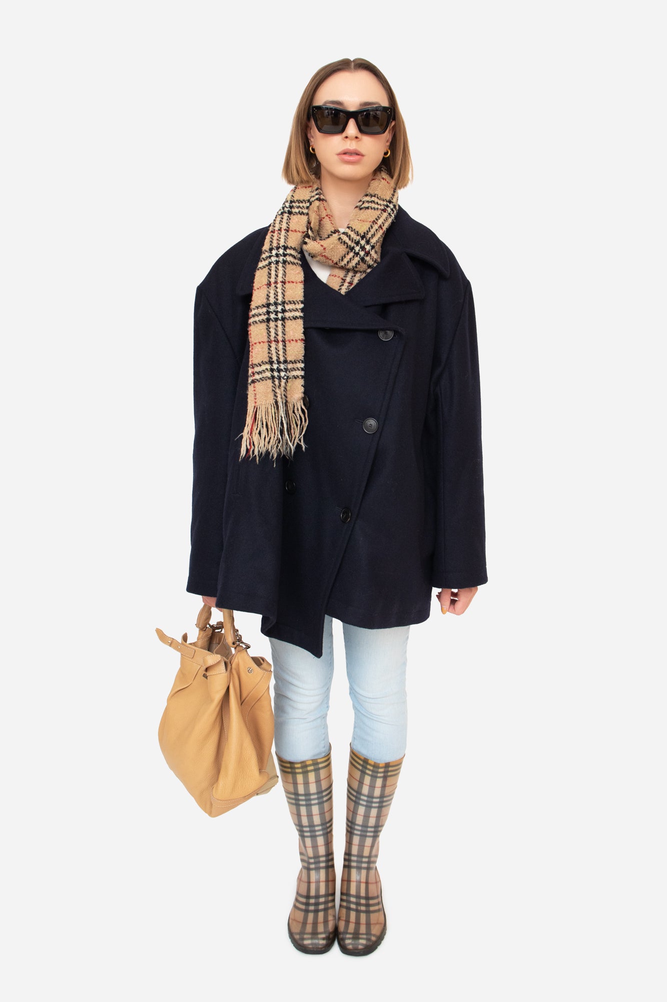Navy Wool Asymmetrical Double Breasted Coat