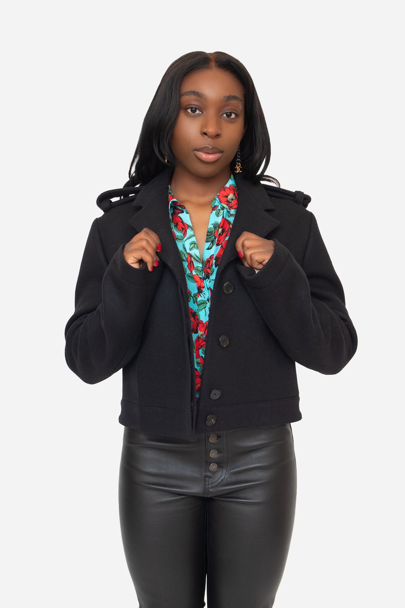 Black Wool Cropped Collared Jacket