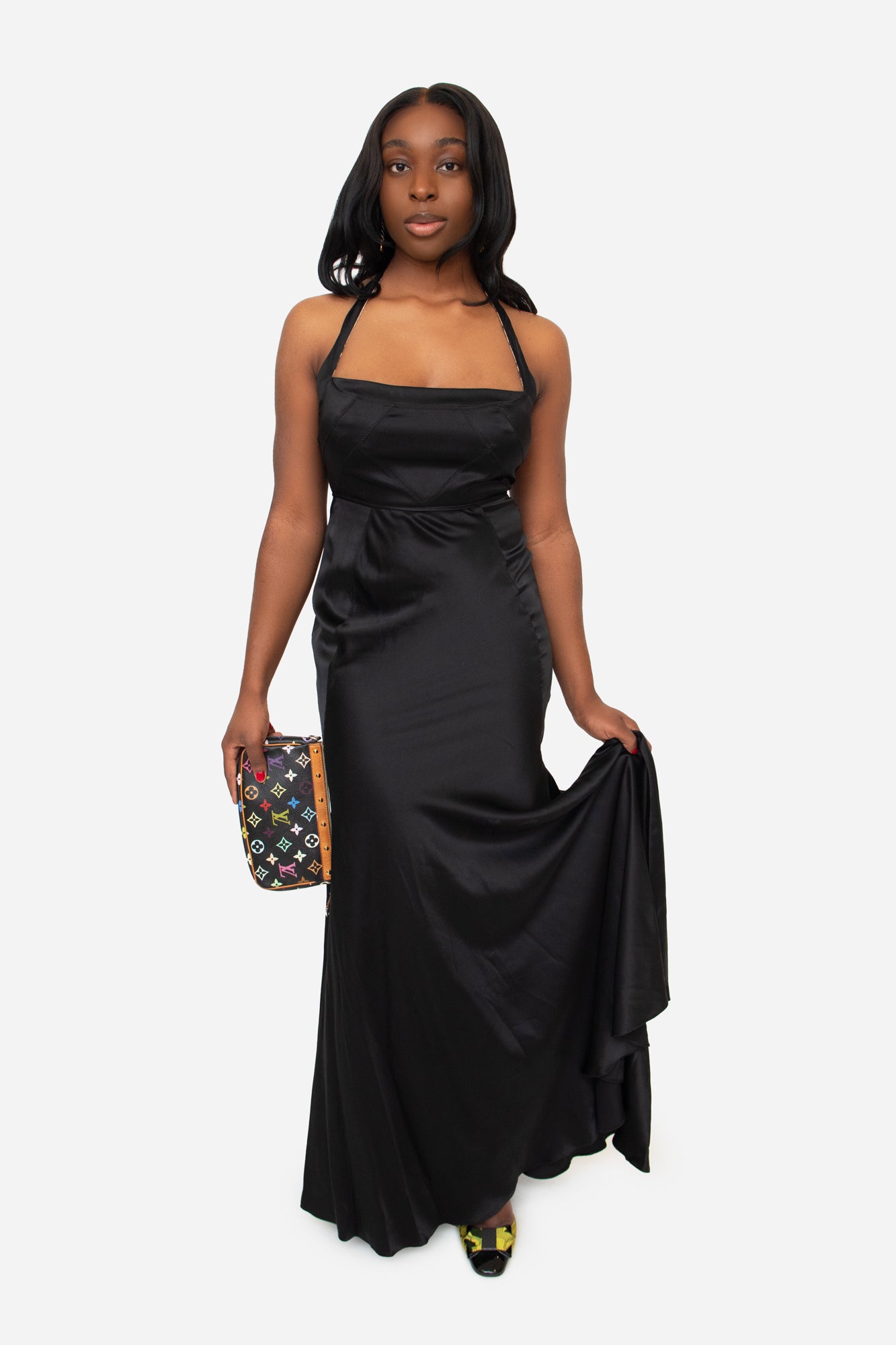 Black Silk Leopard Lined Halter Maxi Dress