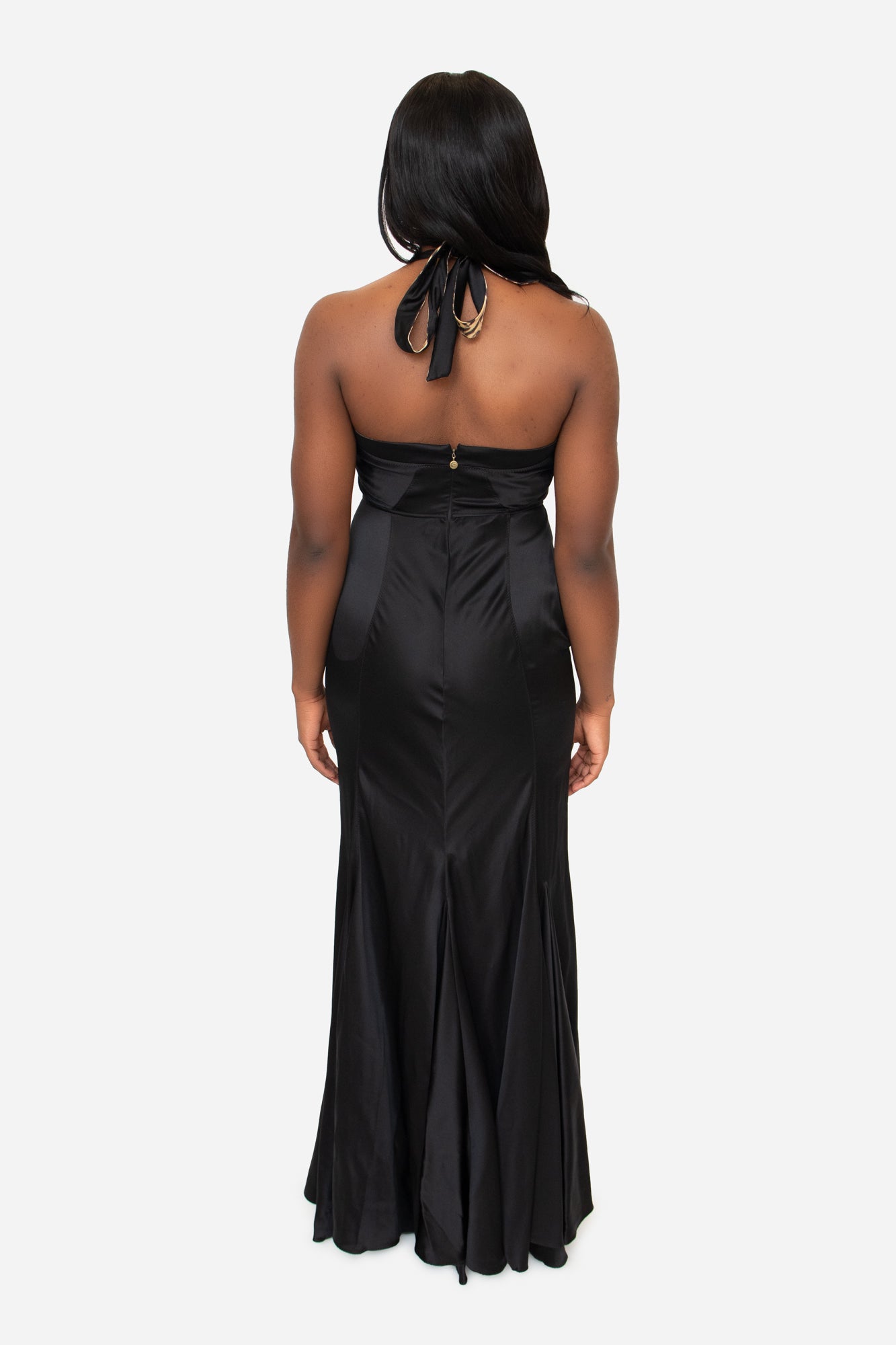 Black Silk Leopard Lined Halter Maxi Dress