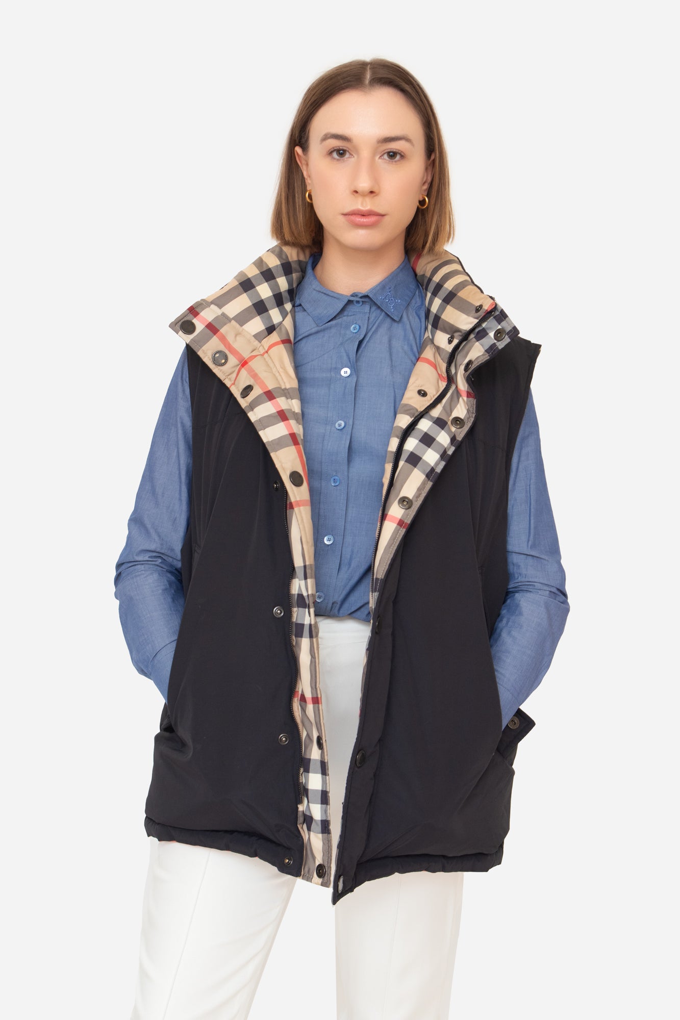 Reversible Plaid/Navy Puffer Vest
