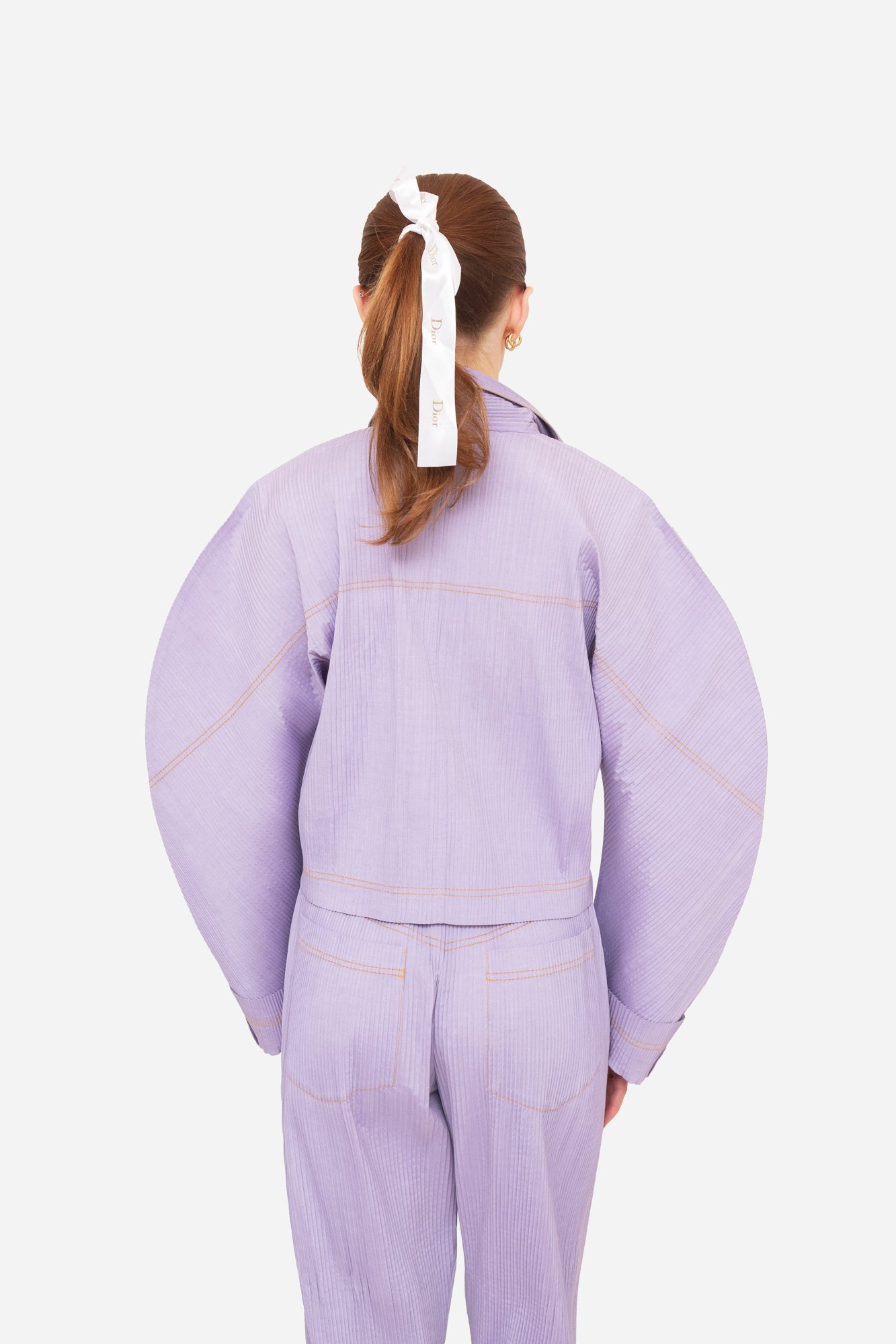 Pleated Lavender Round Shoulder Jacket Denim Detail Stitching