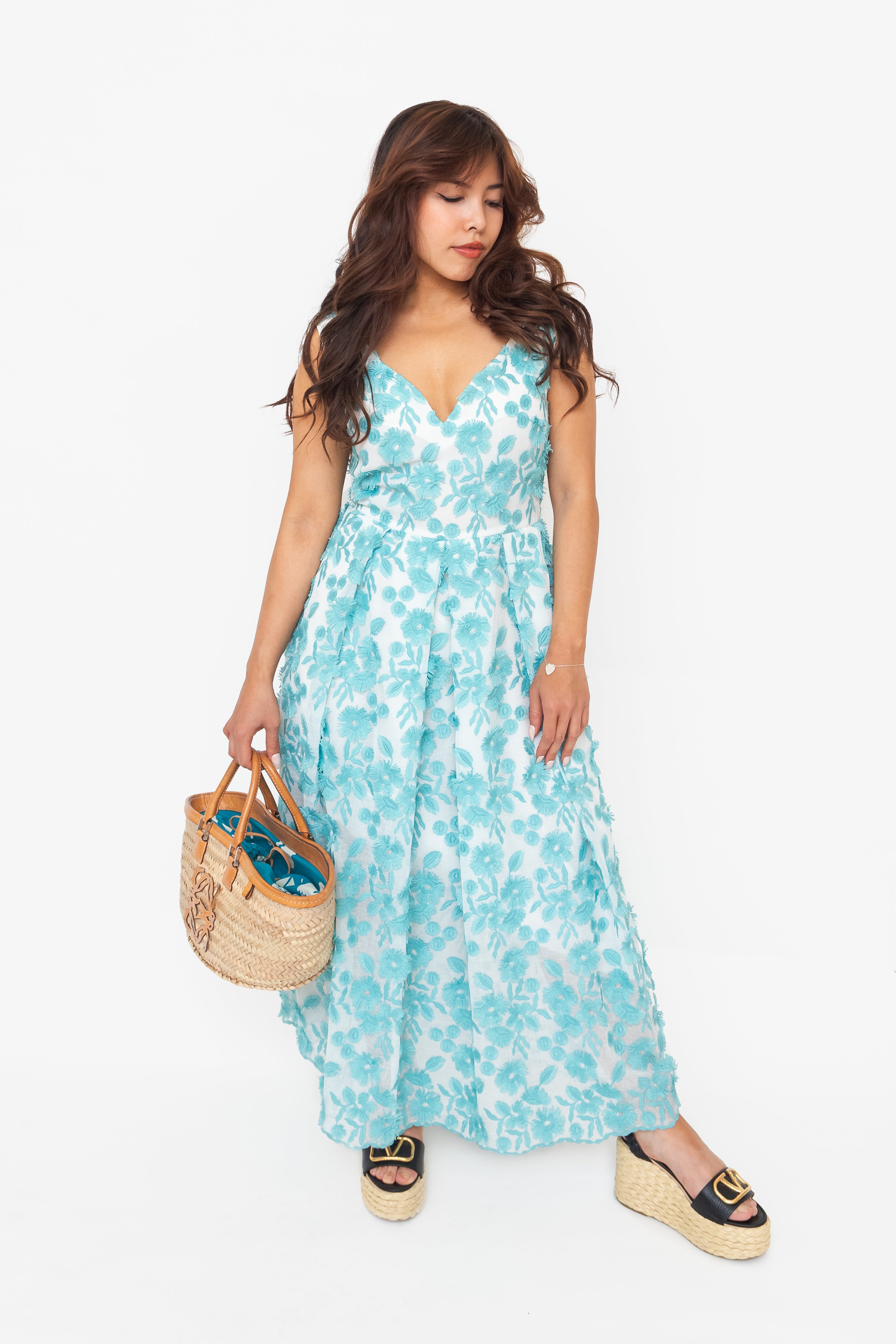 Blue Floral Applique A-line Dress