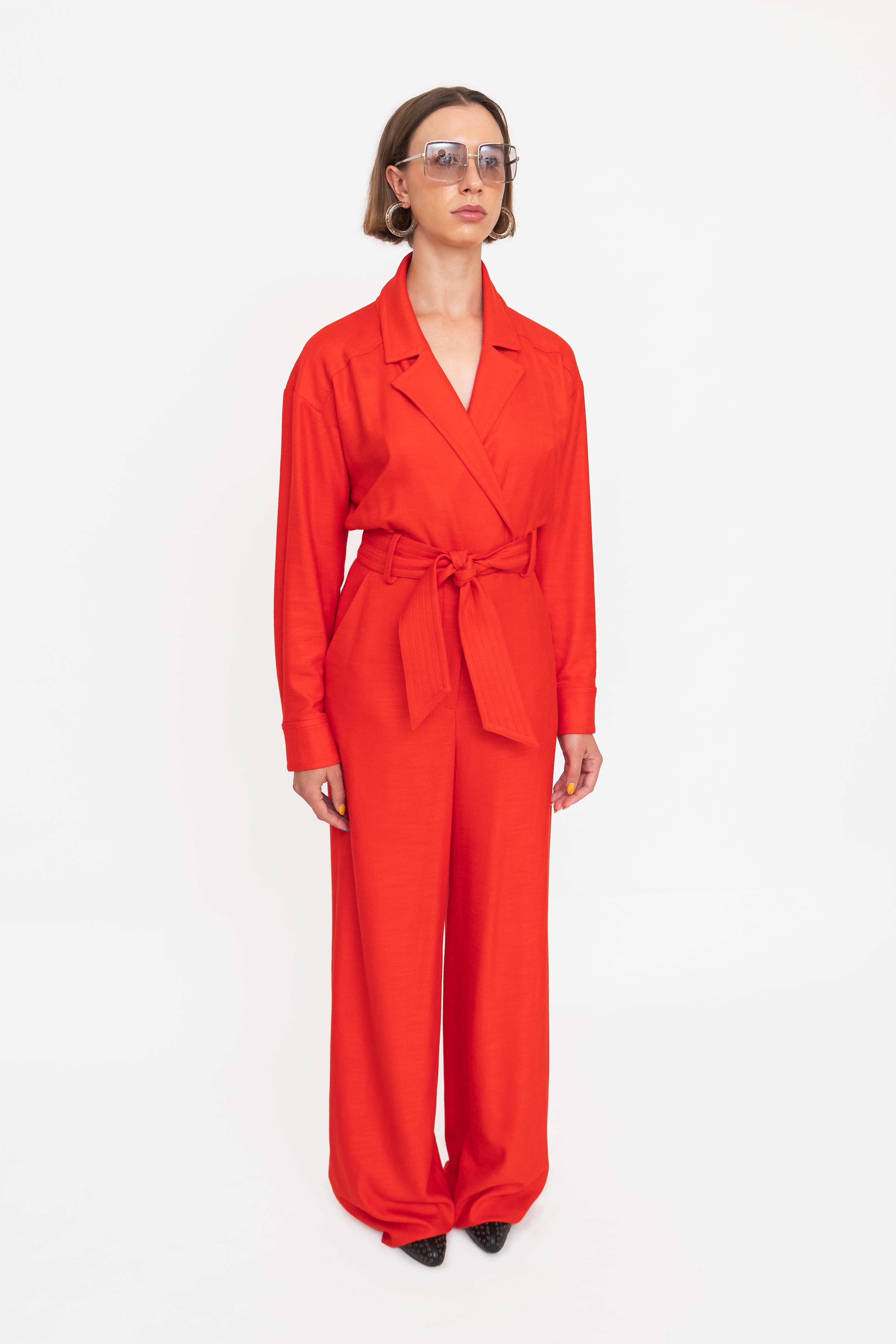 Red 'Lionel' Tie Front Utility Jumpsuit