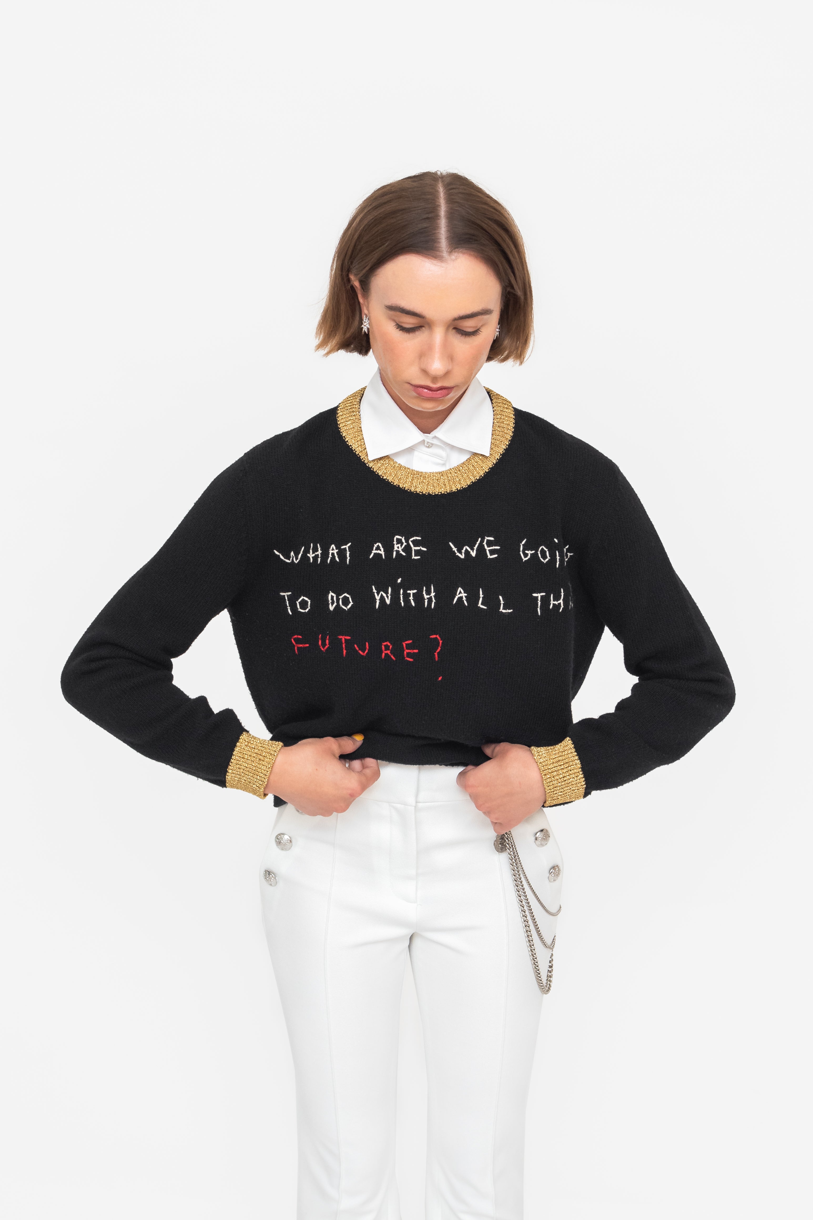 Black Knit Sweater "What Are We Going To Do With All This Future?"