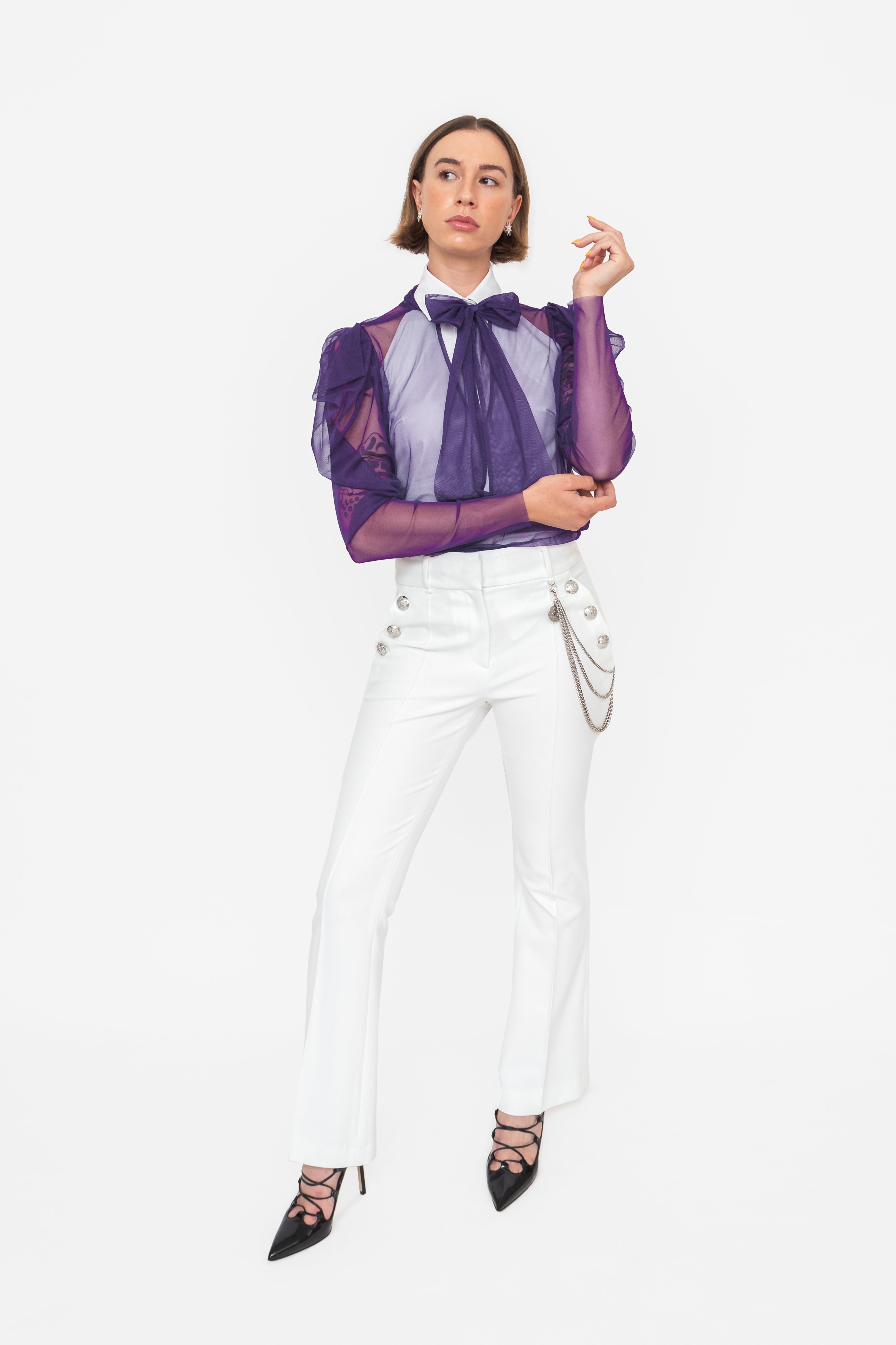 Purple Mesh Tie Front Blouse