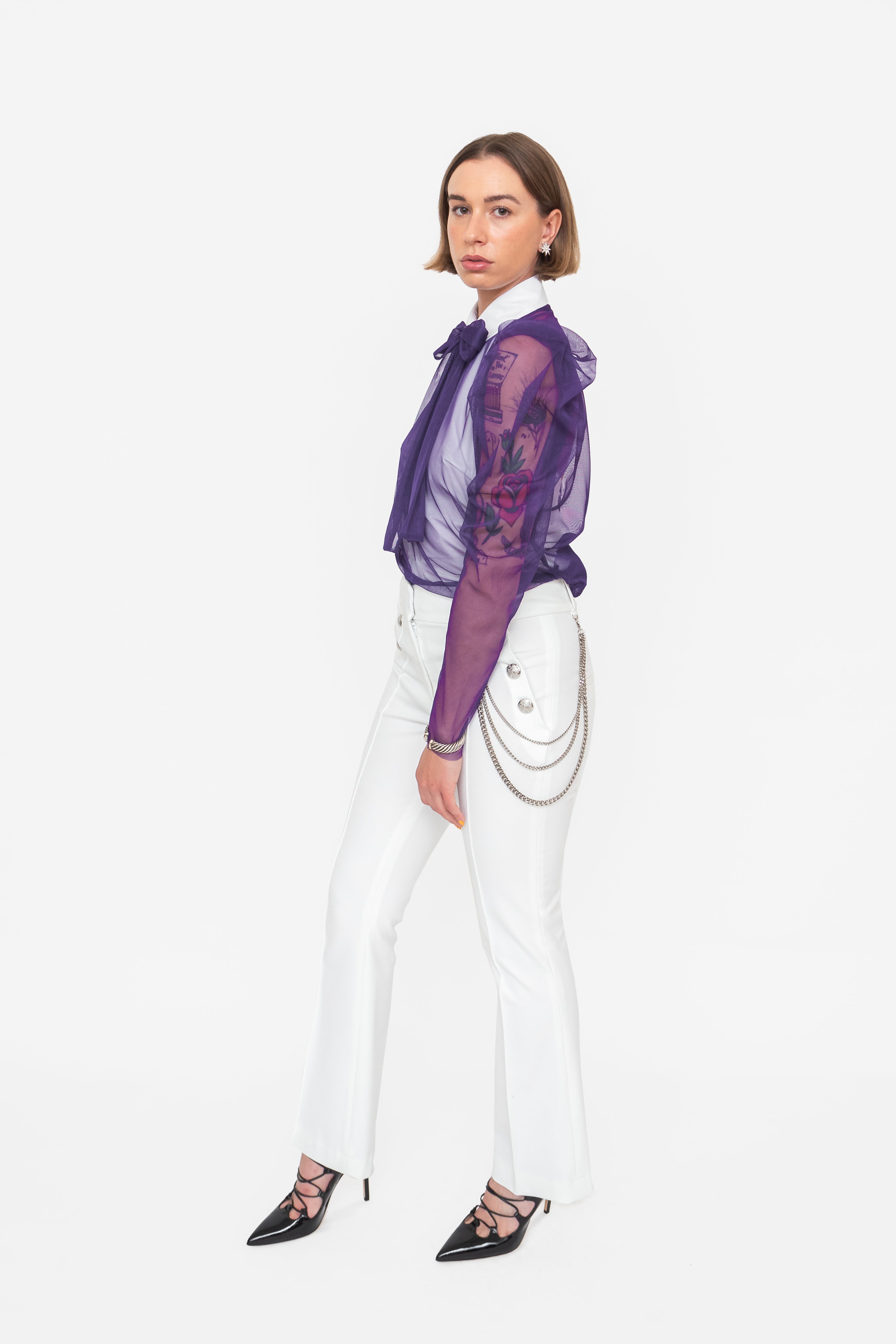 Purple Mesh Tie Front Blouse