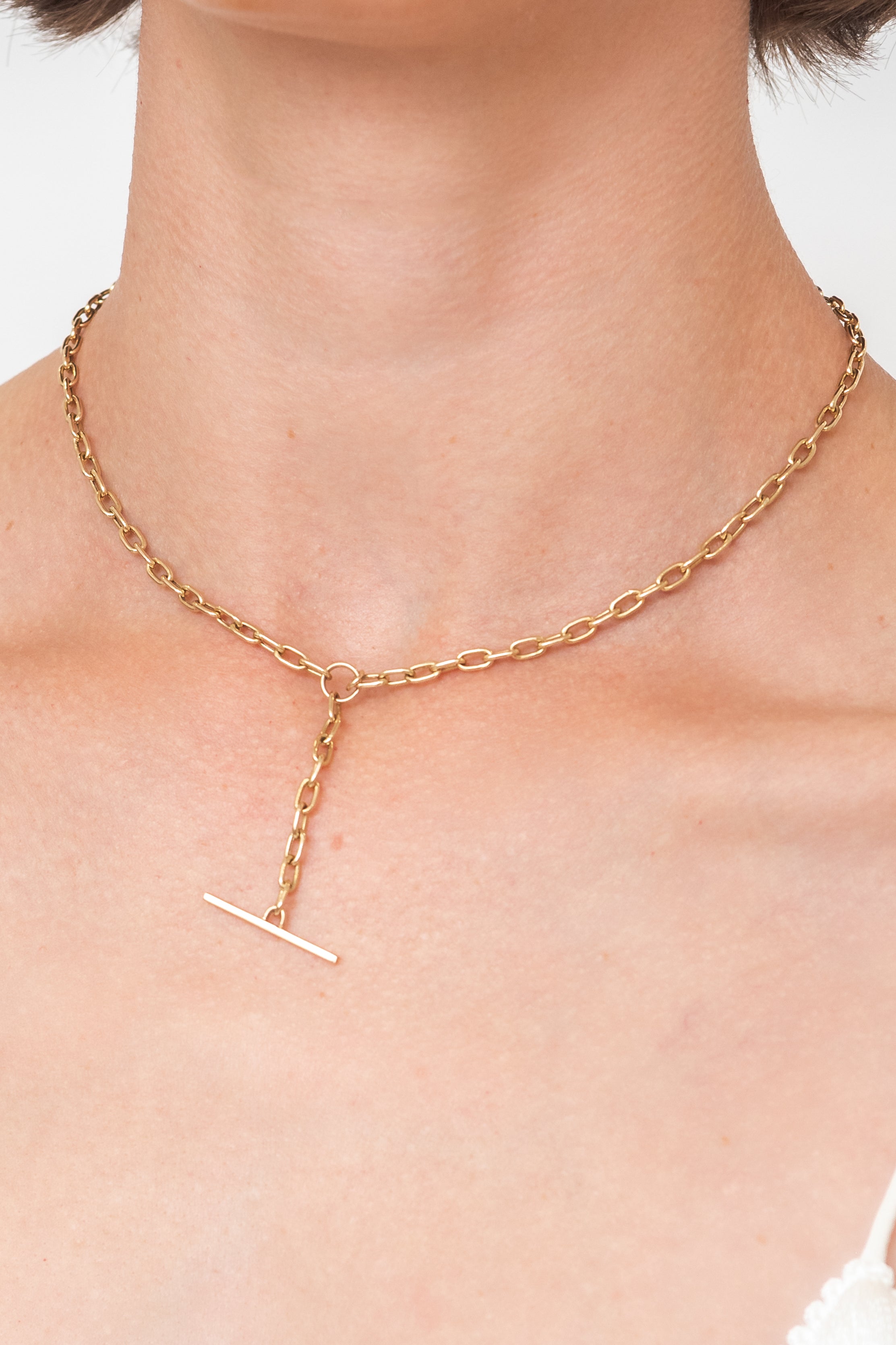 14k Gold Oval Link Chain Faux Toggle Lariat Necklace
