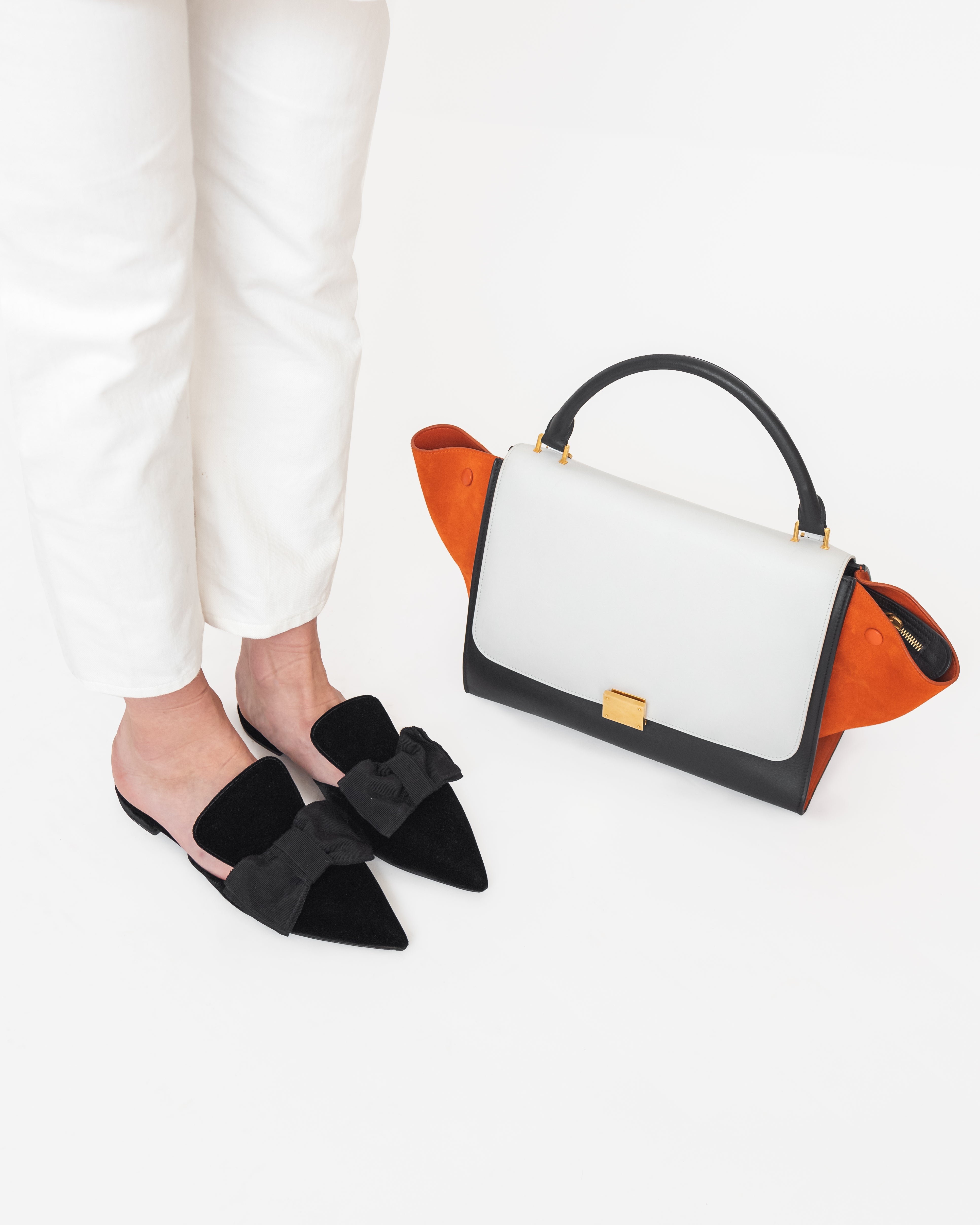 Black Velvet Pointed Toe Mules with Bow Detail