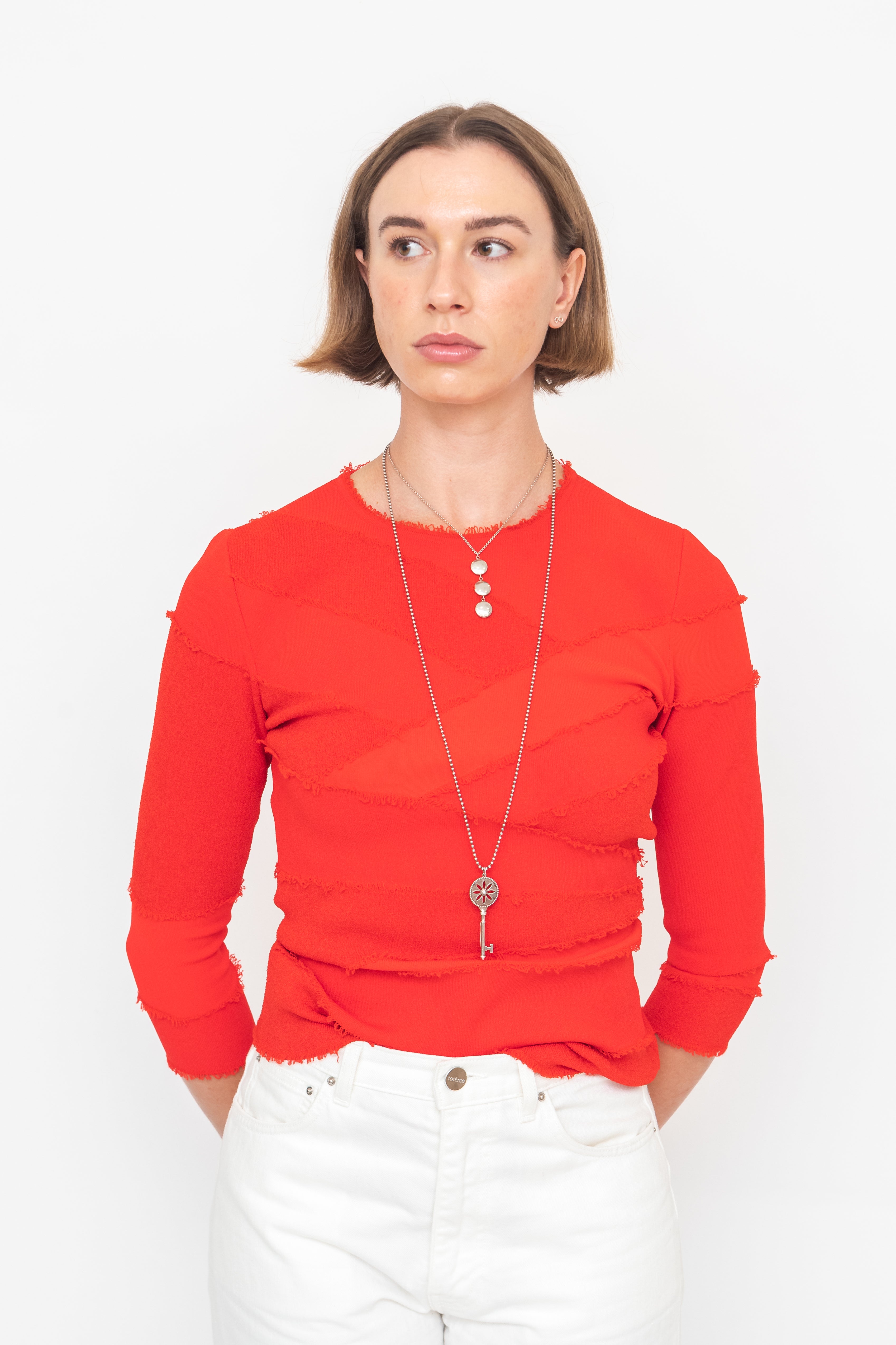 Red Crew Neck Knit Distressed Top
