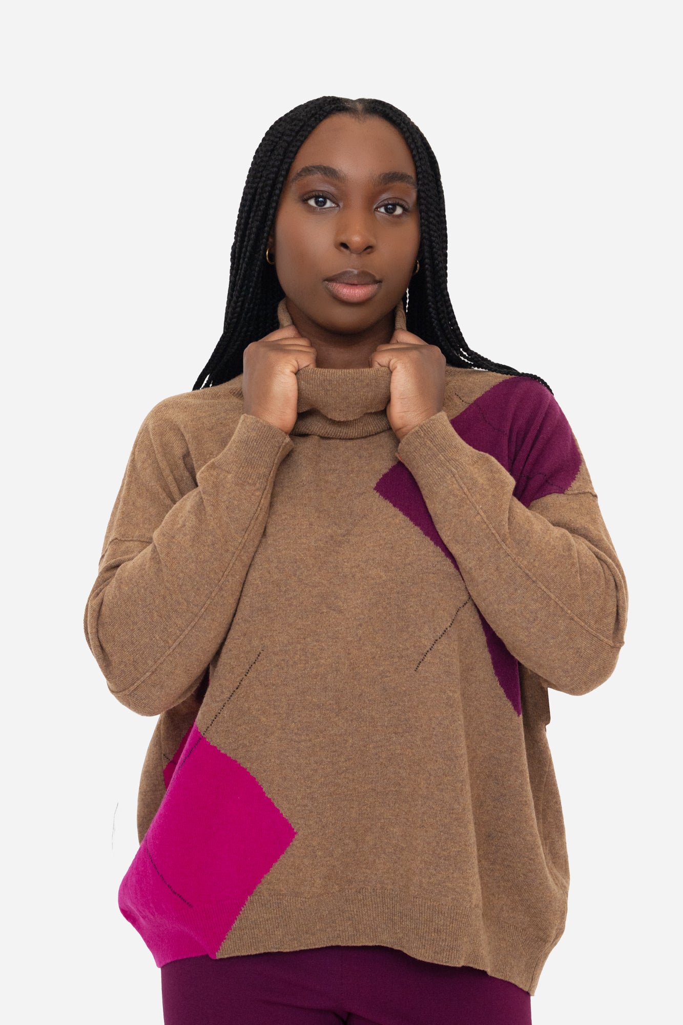 Brown Knit Turtleneck with Pink & Purple Print