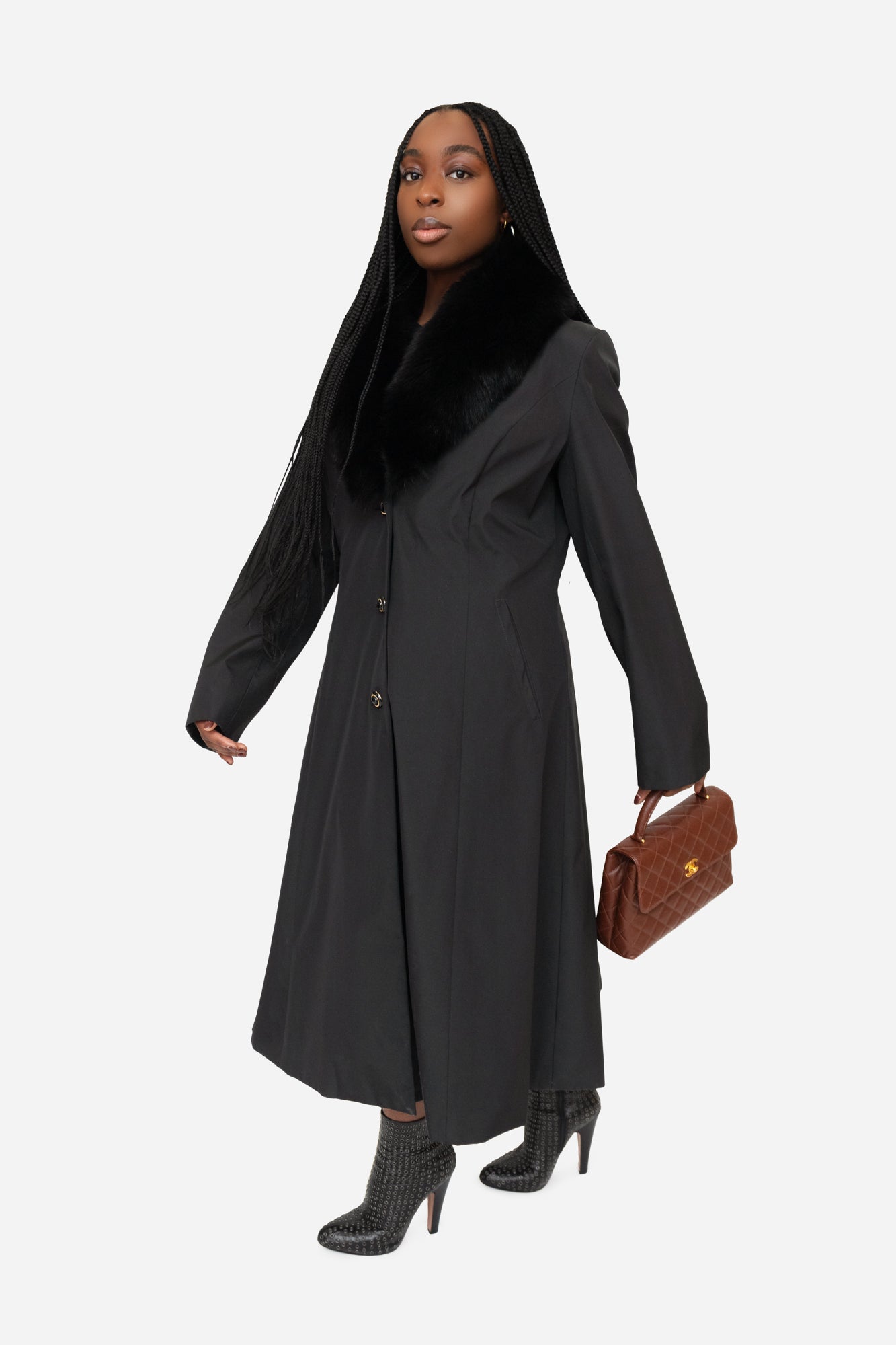 Black Button Up Trench with Fur Collar