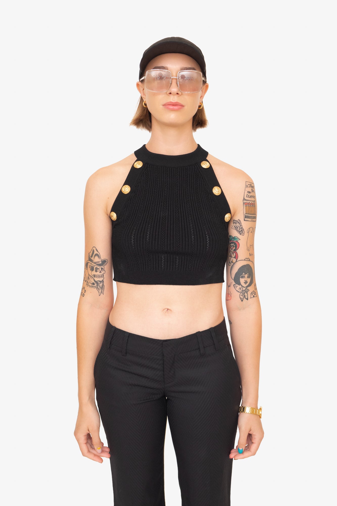 Black Cropped Embellished Stretch-Knit Top