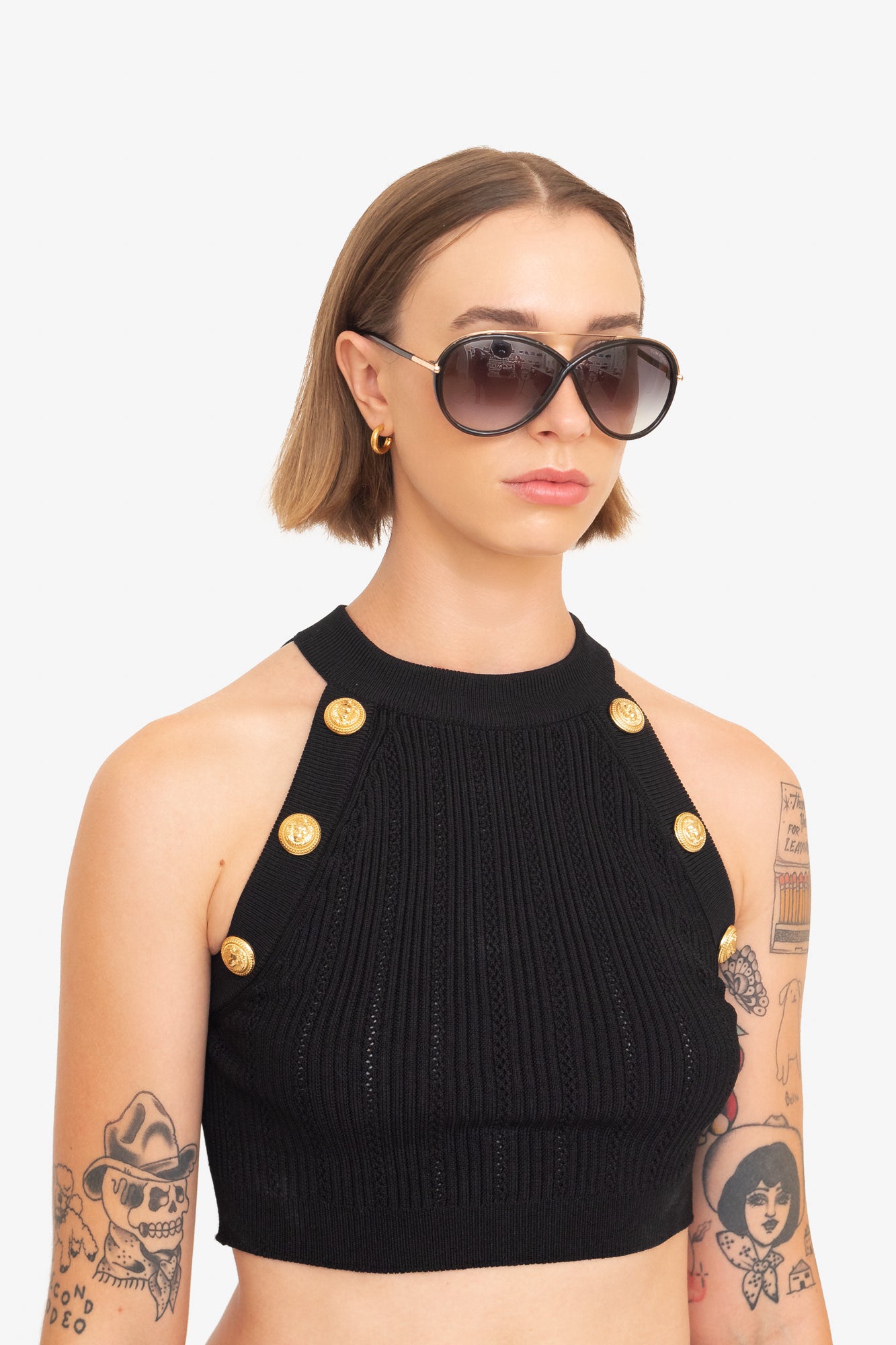 Black Cropped Embellished Stretch-Knit Top