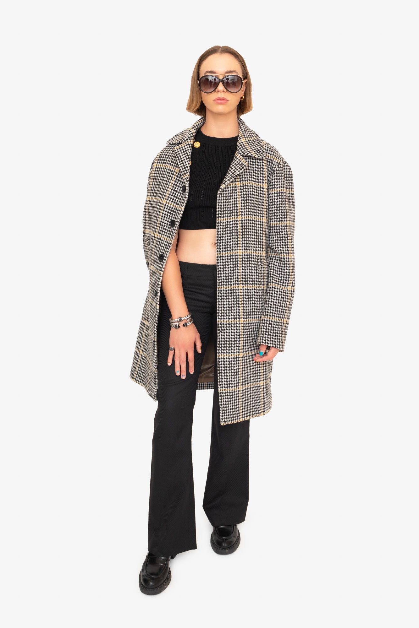 Black White Yellow Plaid Wool Coat