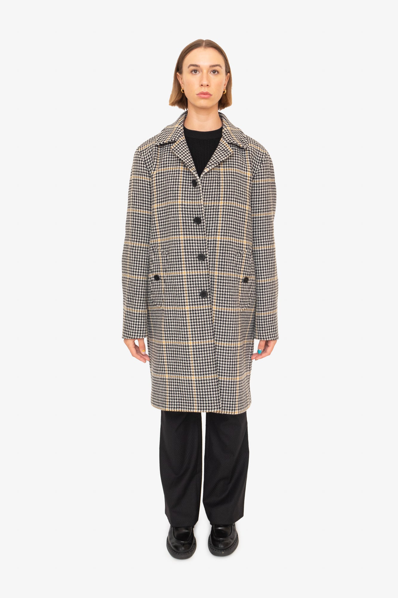 Black White Yellow Plaid Wool Coat