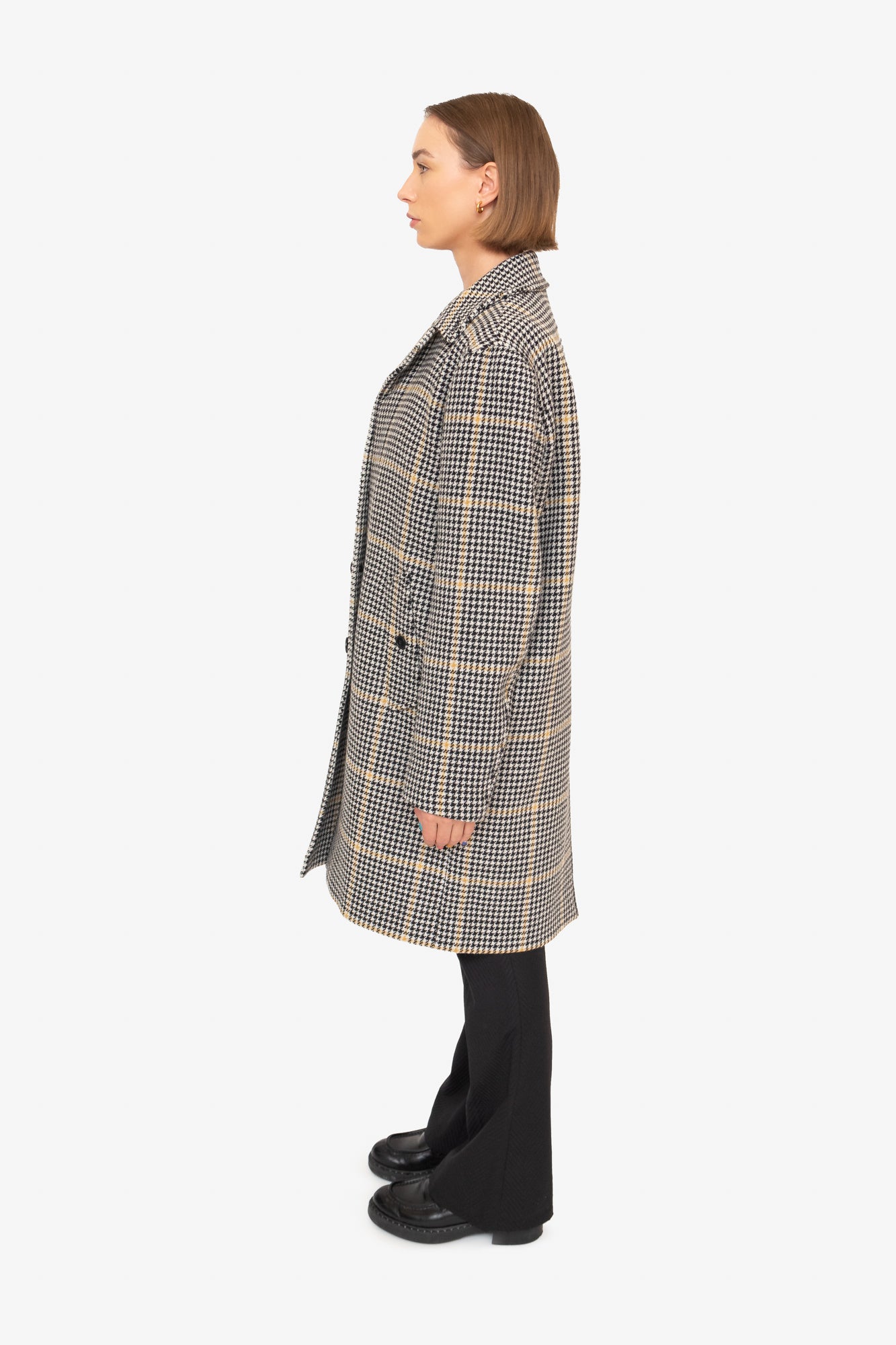 Black White Yellow Plaid Wool Coat