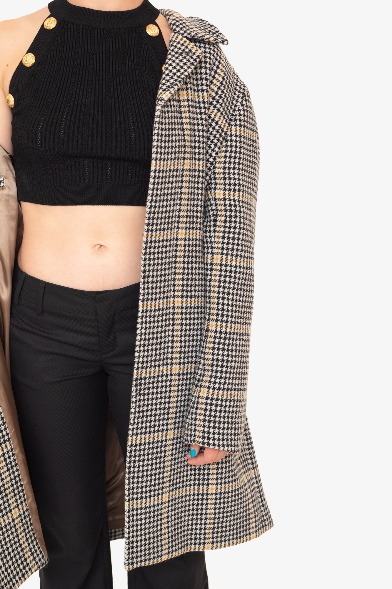 Black White Yellow Plaid Wool Coat