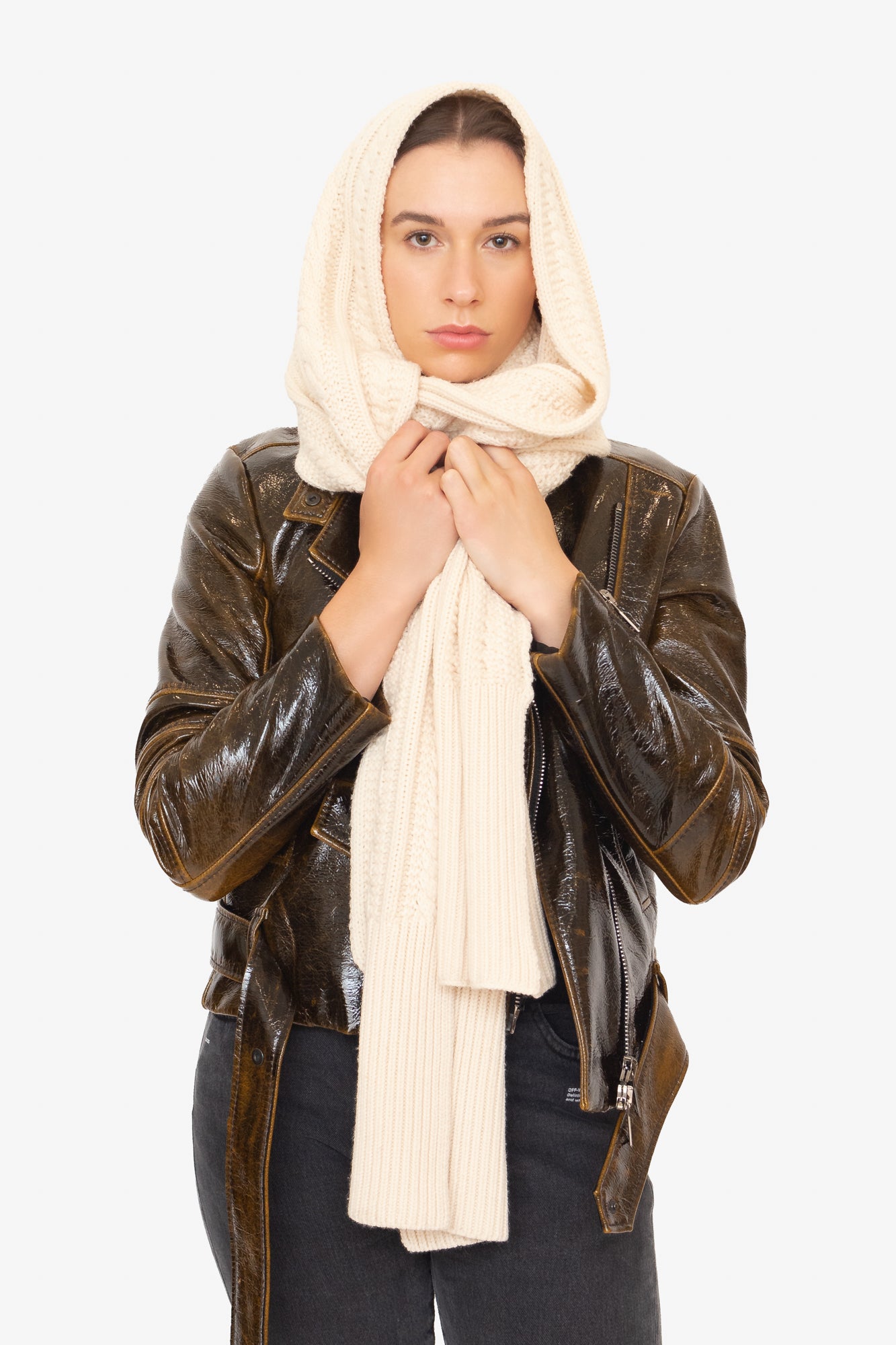 Cream Cable Scarf with Check Detail