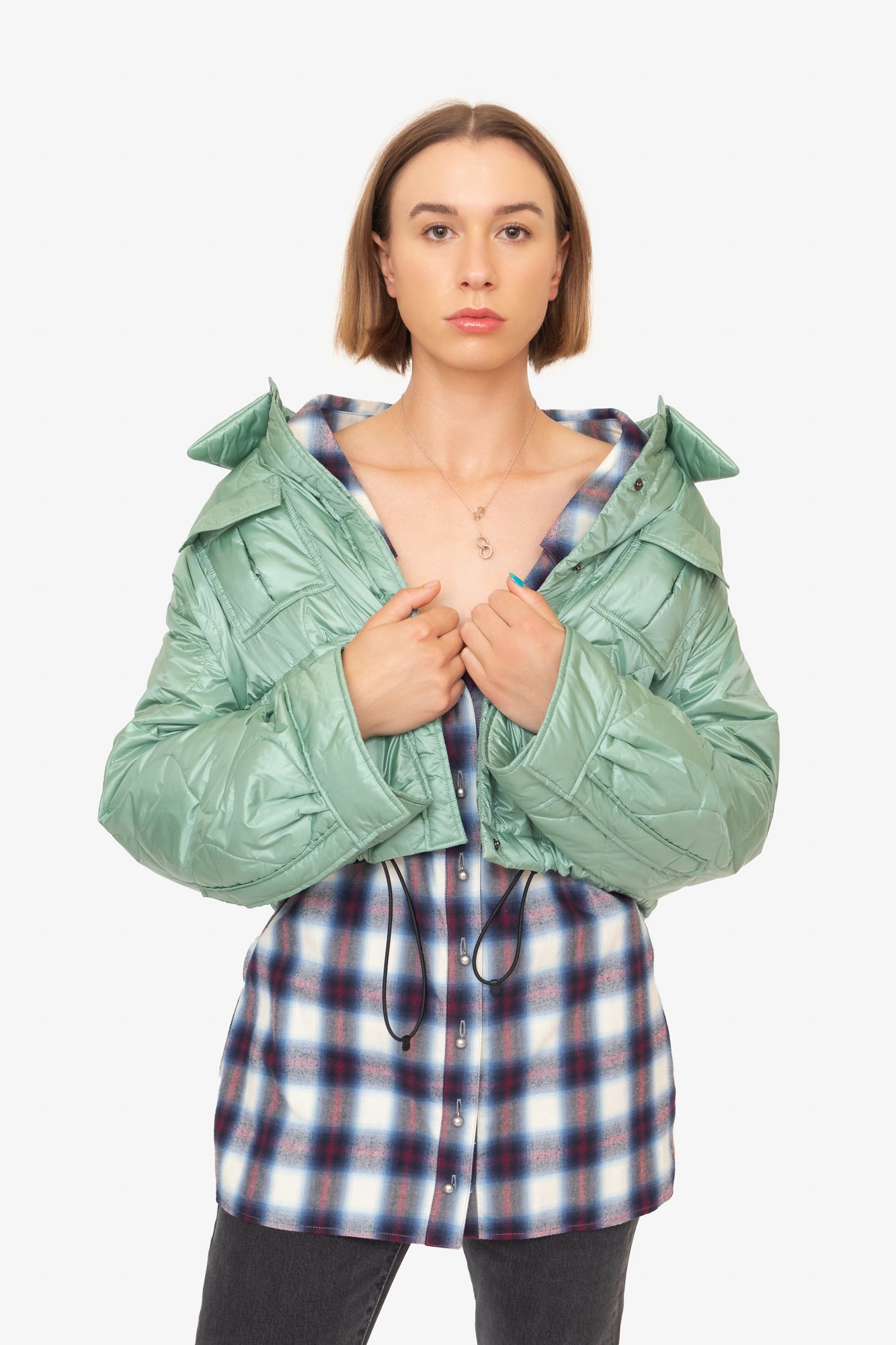Mint Green Cropped Quilted Jacket